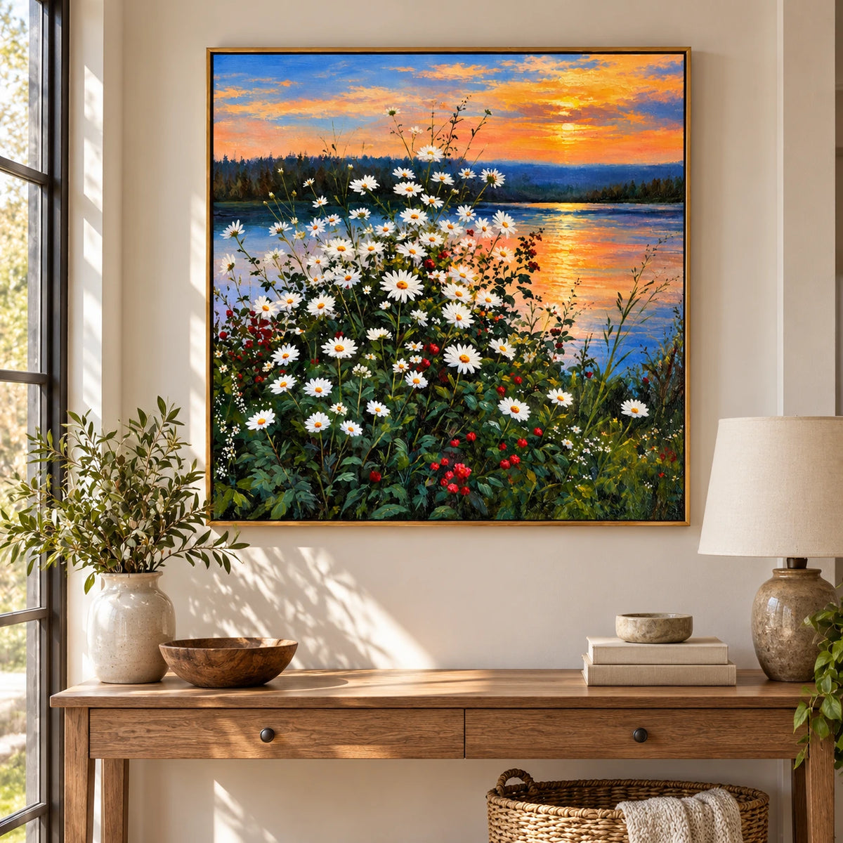White Daisies by Sunset Lake Oil Painting | Orange Sky Blue Water and Wildflower Meadow Square Landscape Wall Art #OA 1718