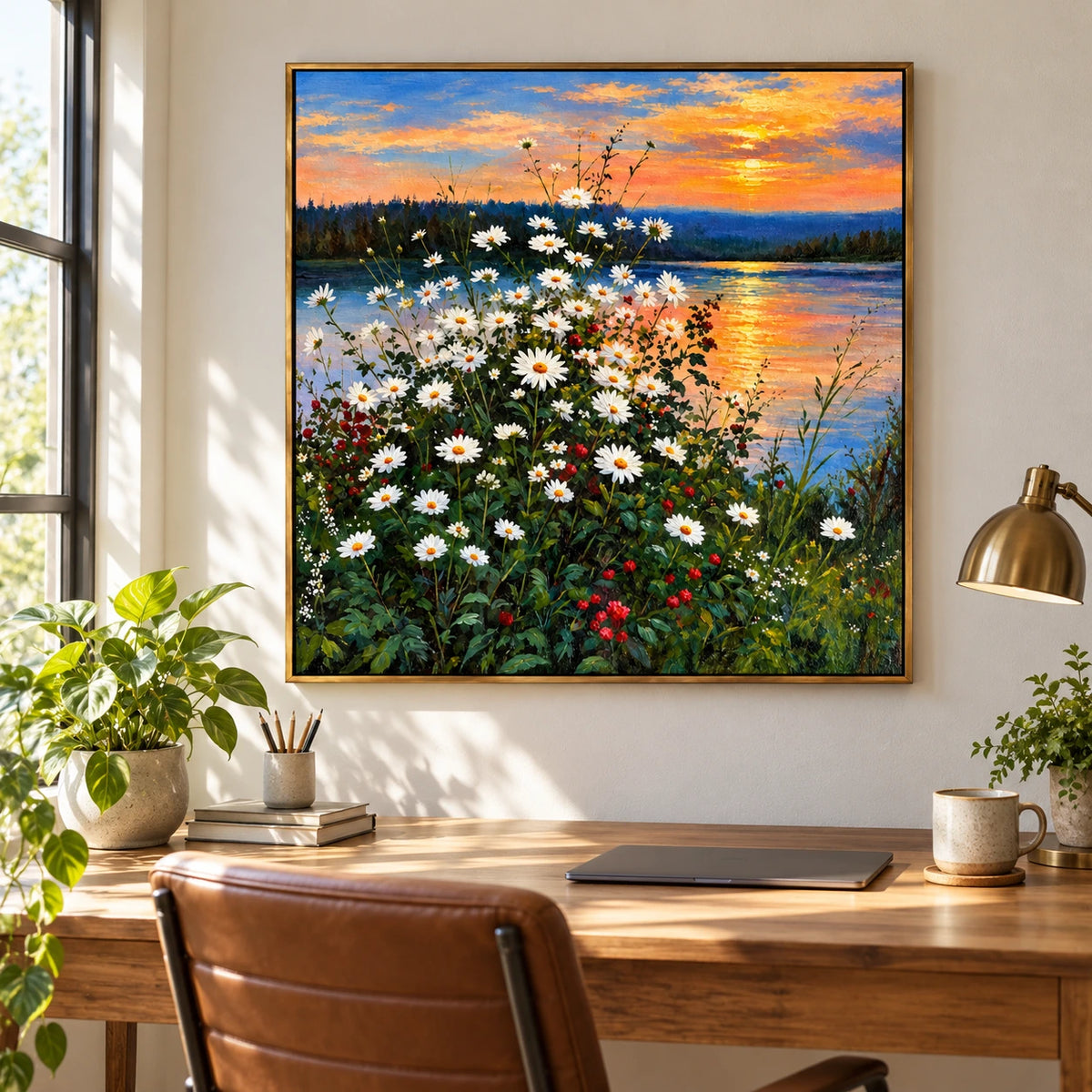 White Daisies by Sunset Lake Oil Painting | Orange Sky Blue Water and Wildflower Meadow Square Landscape Wall Art #OA 1718