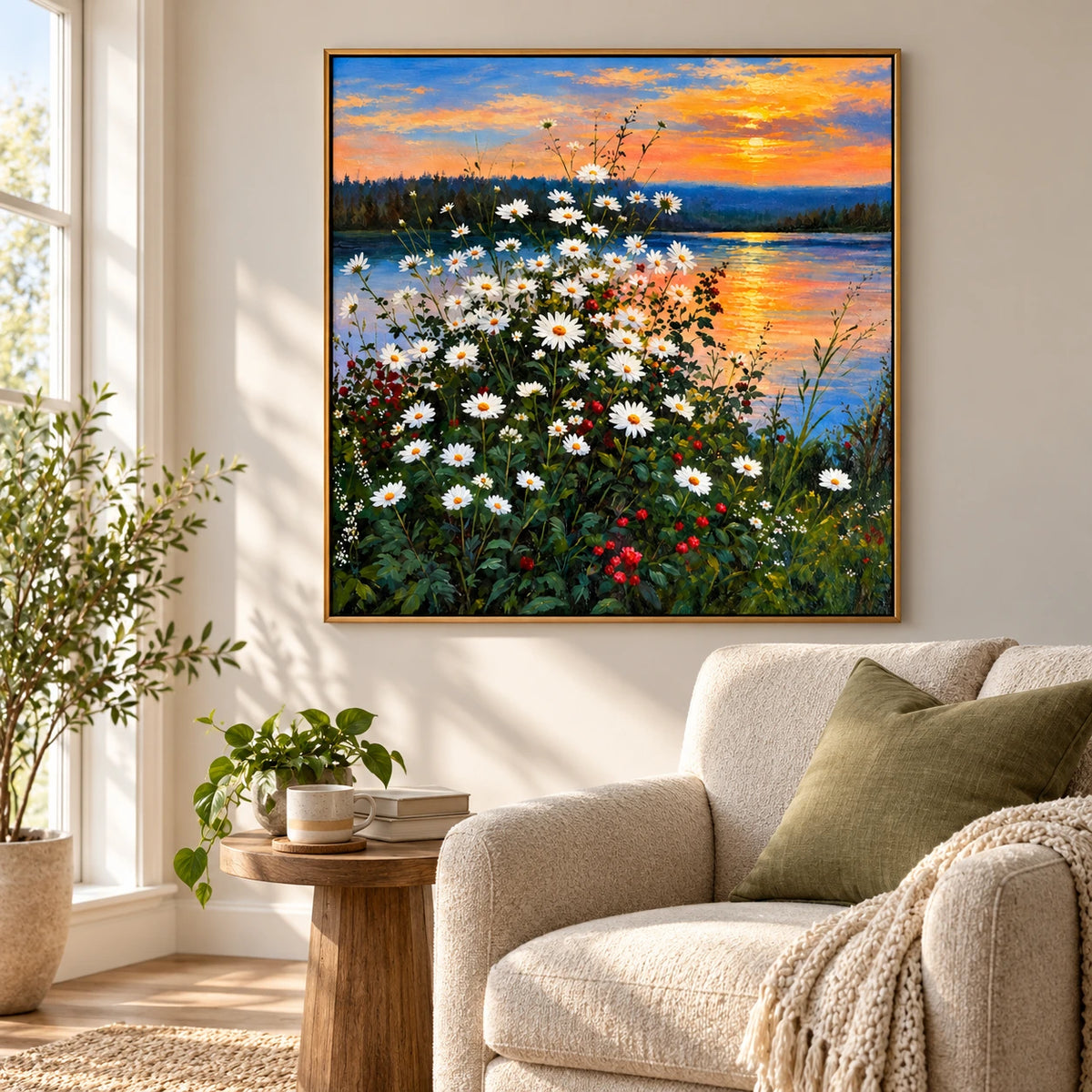 White Daisies by Sunset Lake Oil Painting | Orange Sky Blue Water and Wildflower Meadow Square Landscape Wall Art #OA 1718