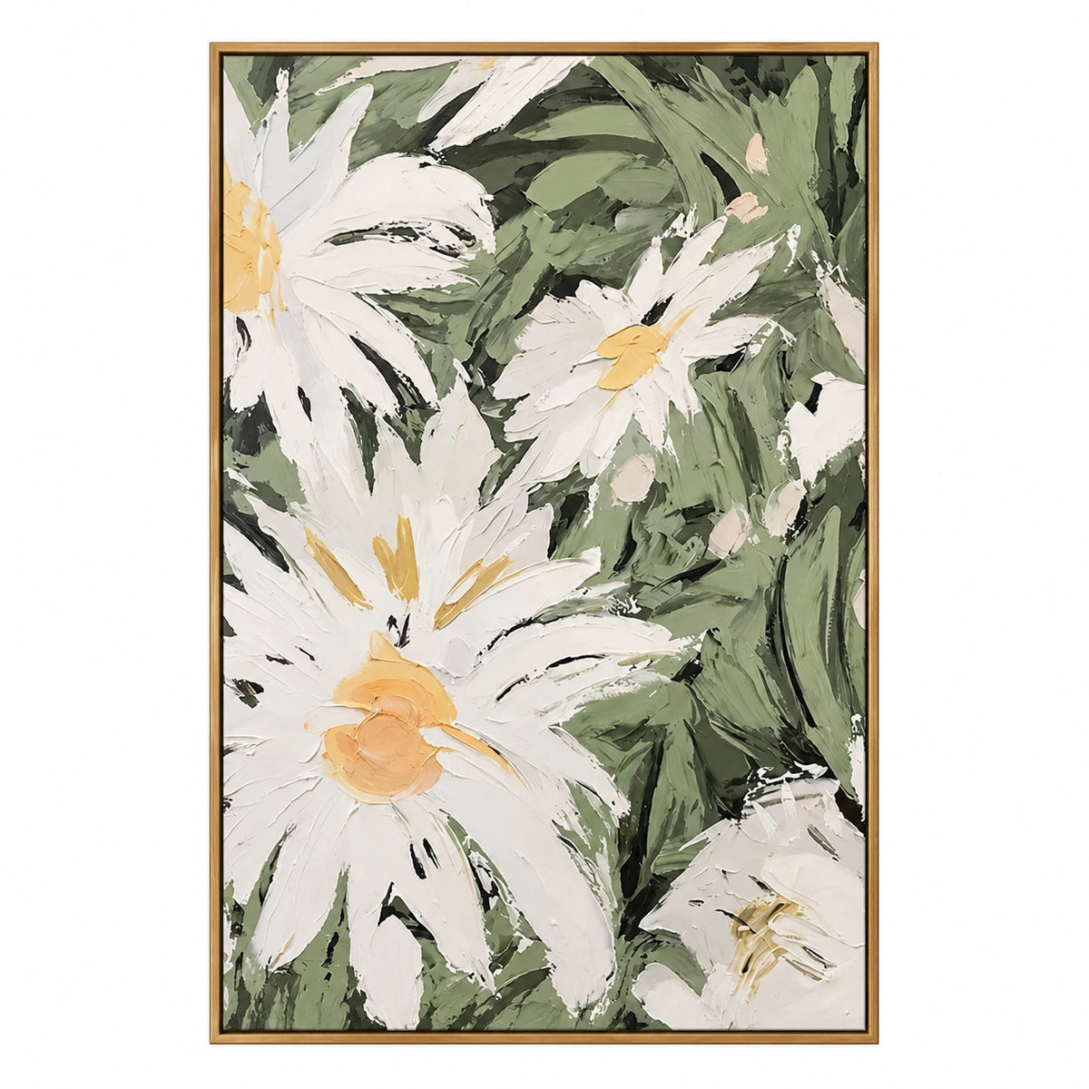 White Daisy Flowers Oil Painting | Yellow Centers and Sage Green Leaves Vertical Textured Floral Wall Art #OA 1823