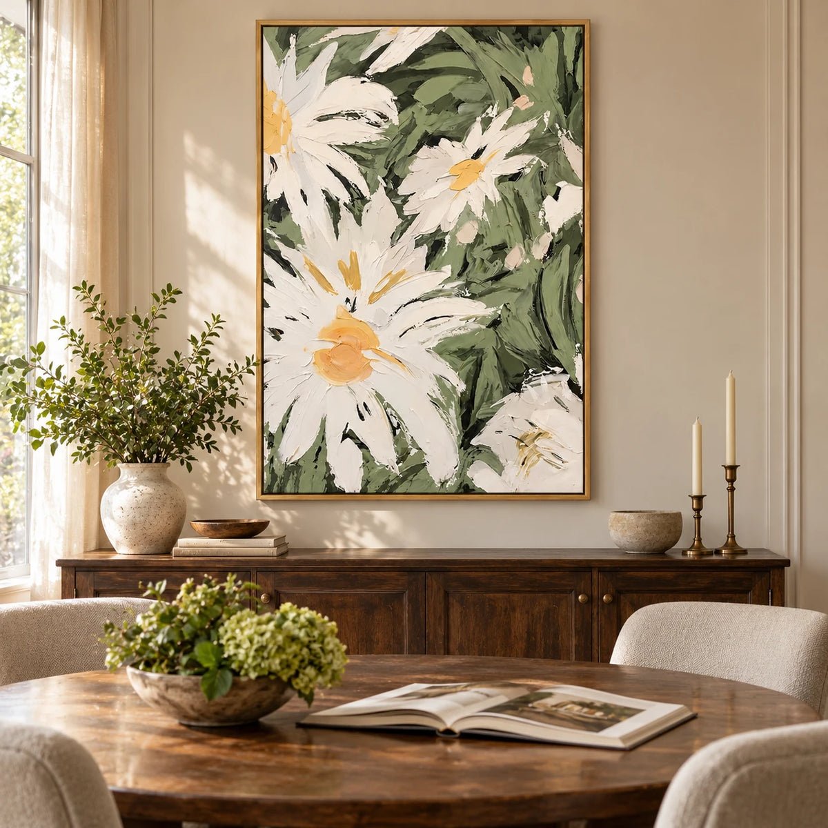 White Daisy Flowers Oil Painting | Yellow Centers and Sage Green Leaves Vertical Textured Floral Wall Art #OA 1823