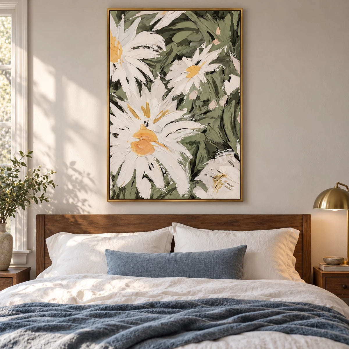 White Daisy Flowers Oil Painting | Yellow Centers and Sage Green Leaves Vertical Textured Floral Wall Art #OA 1823