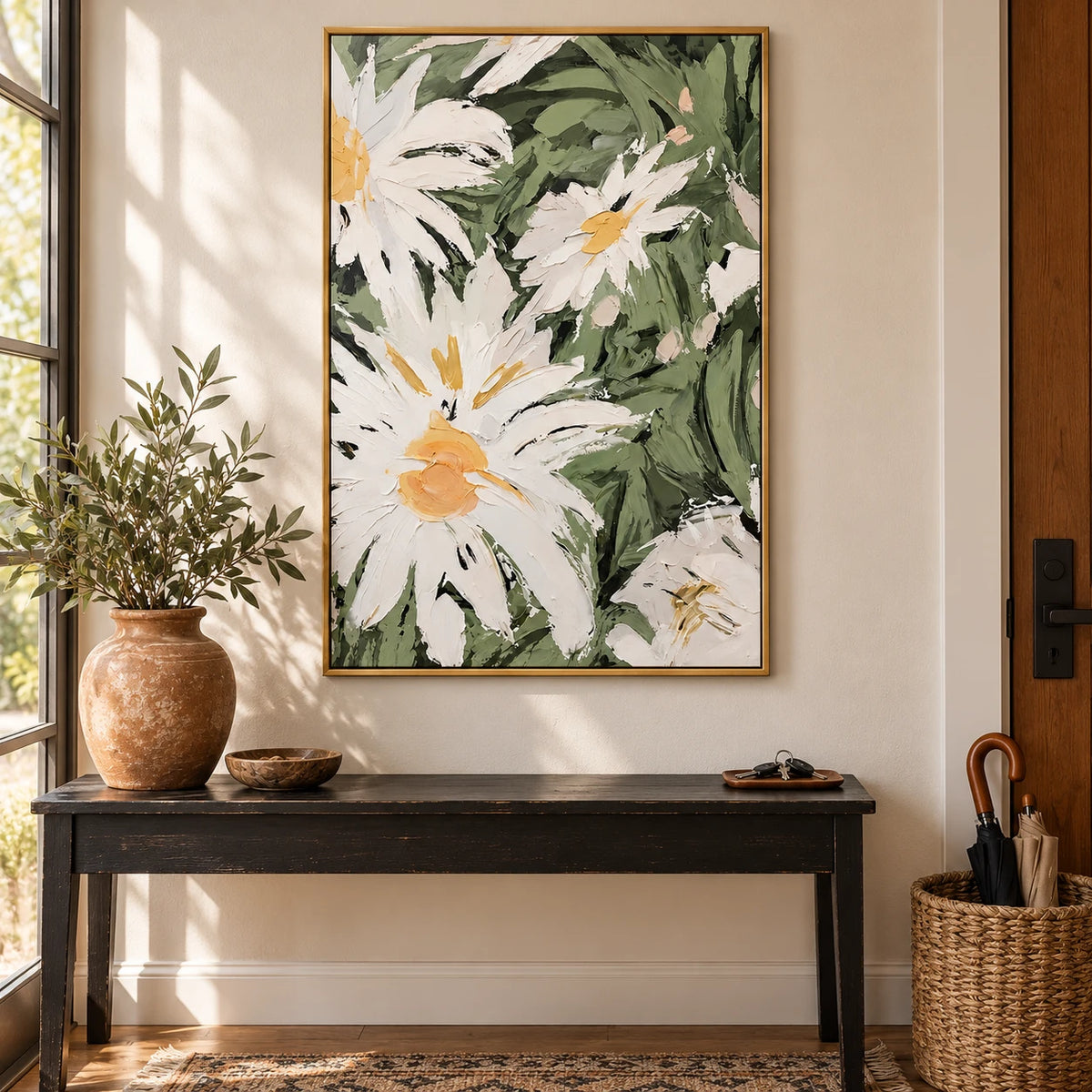 White Daisy Flowers Oil Painting | Yellow Centers and Sage Green Leaves Vertical Textured Floral Wall Art #OA 1823