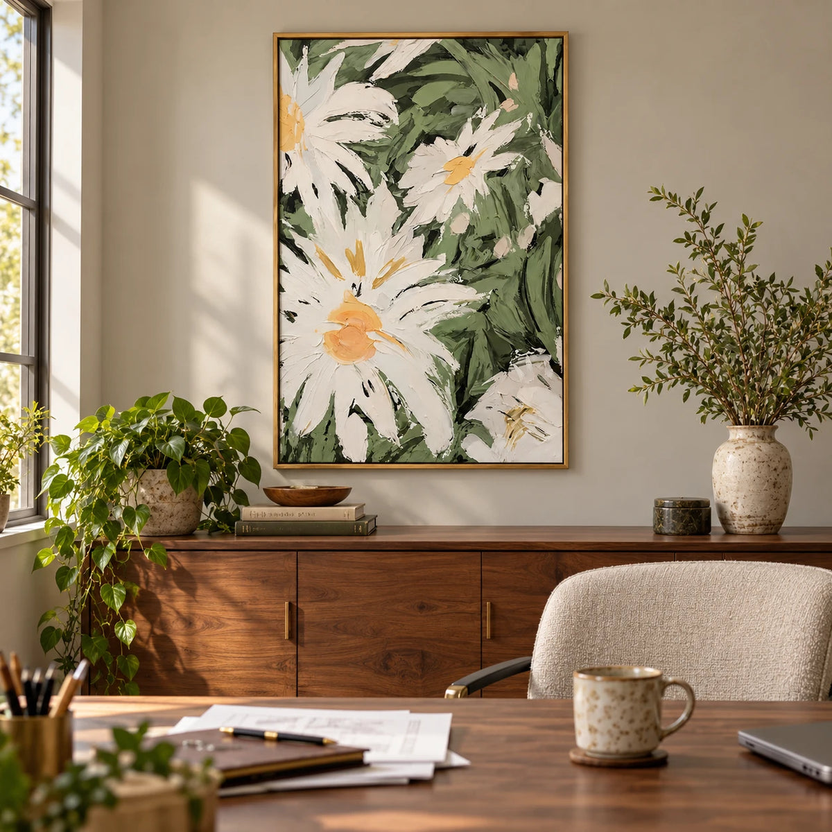 White Daisy Flowers Oil Painting | Yellow Centers and Sage Green Leaves Vertical Textured Floral Wall Art #OA 1823