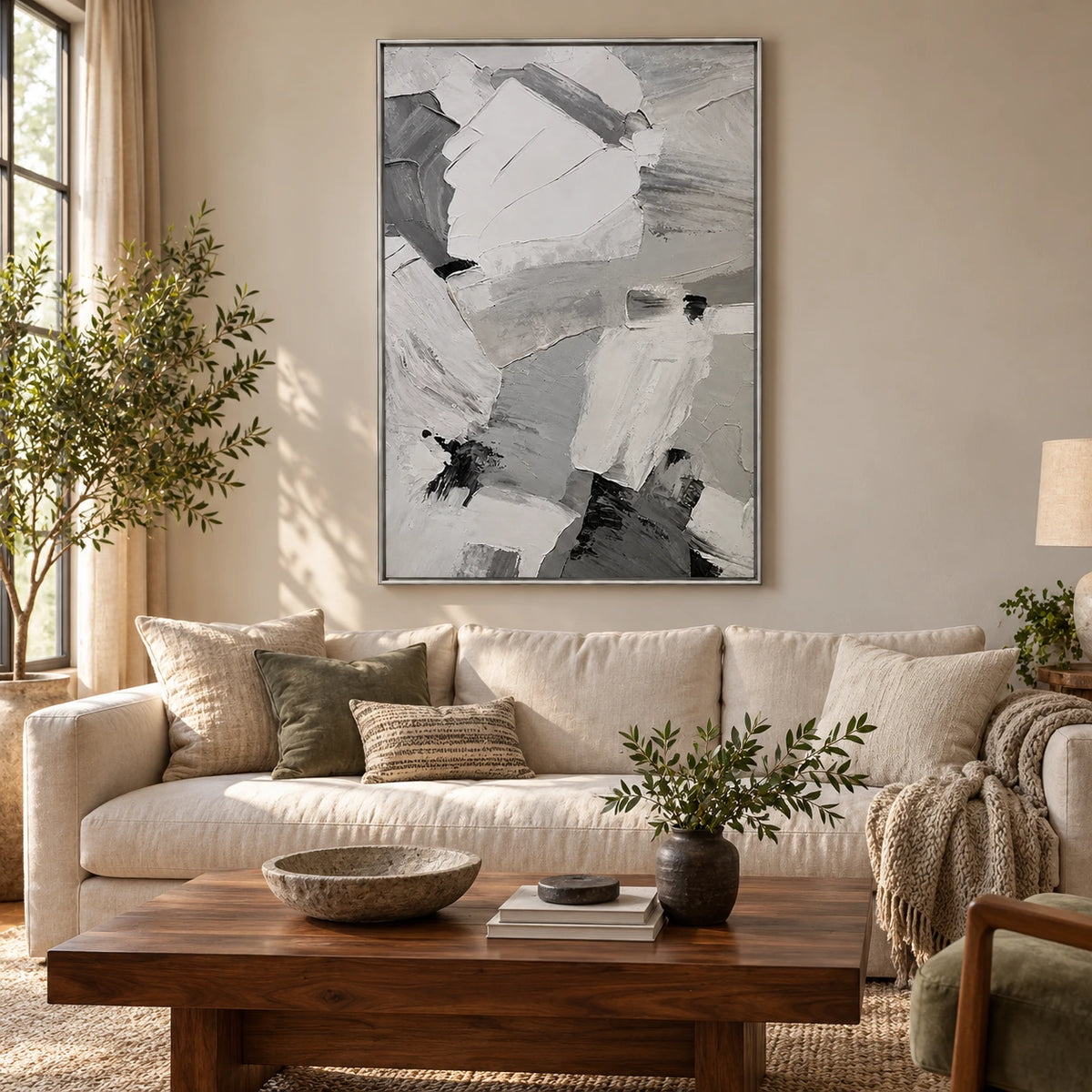 White Grey and Black Abstract Oil Painting | Broad Broken Brushstrokes Vertical Neutral Textured Wall Art OA 1799