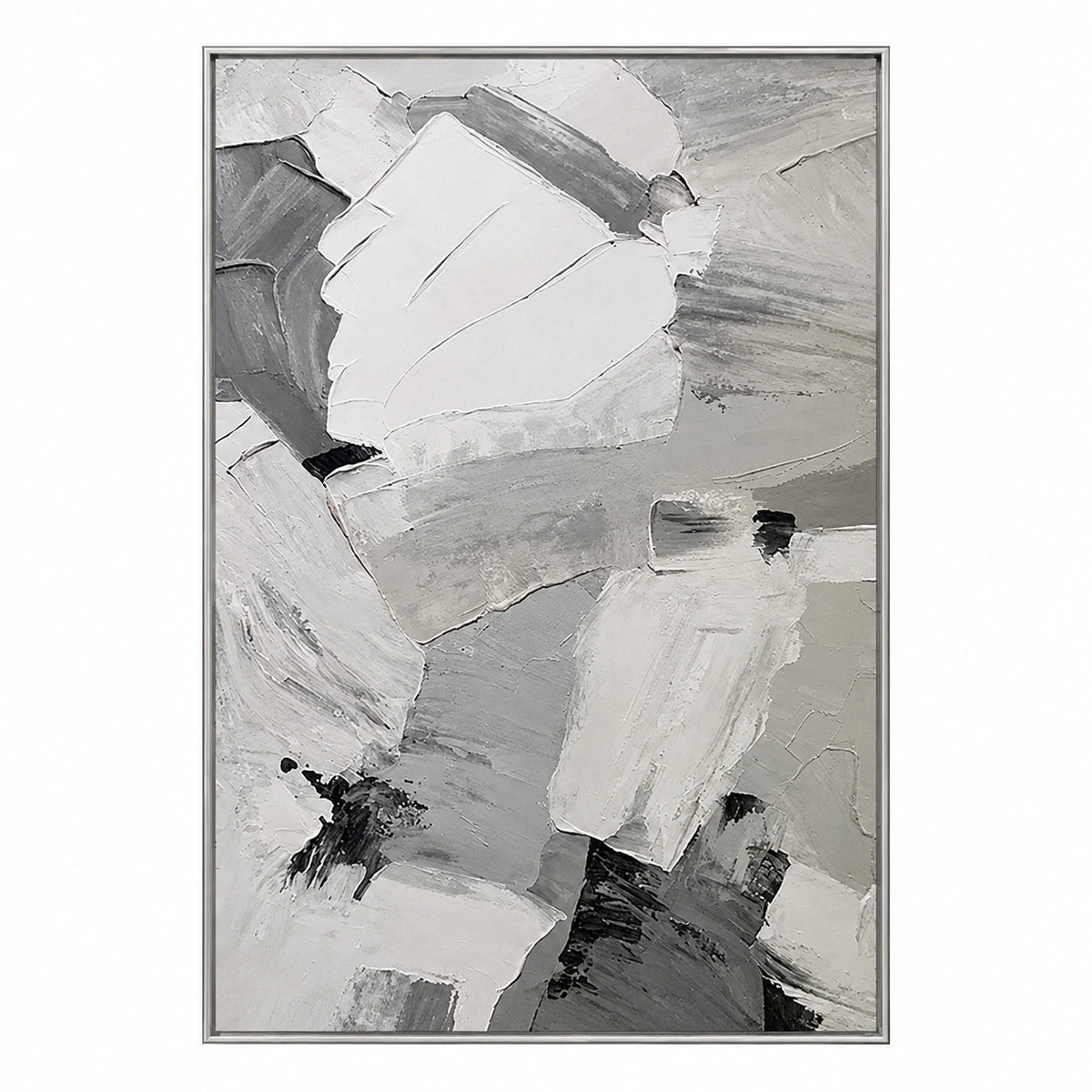 White Grey and Black Abstract Oil Painting | Broad Broken Brushstrokes Vertical Neutral Textured Wall Art OA 1799