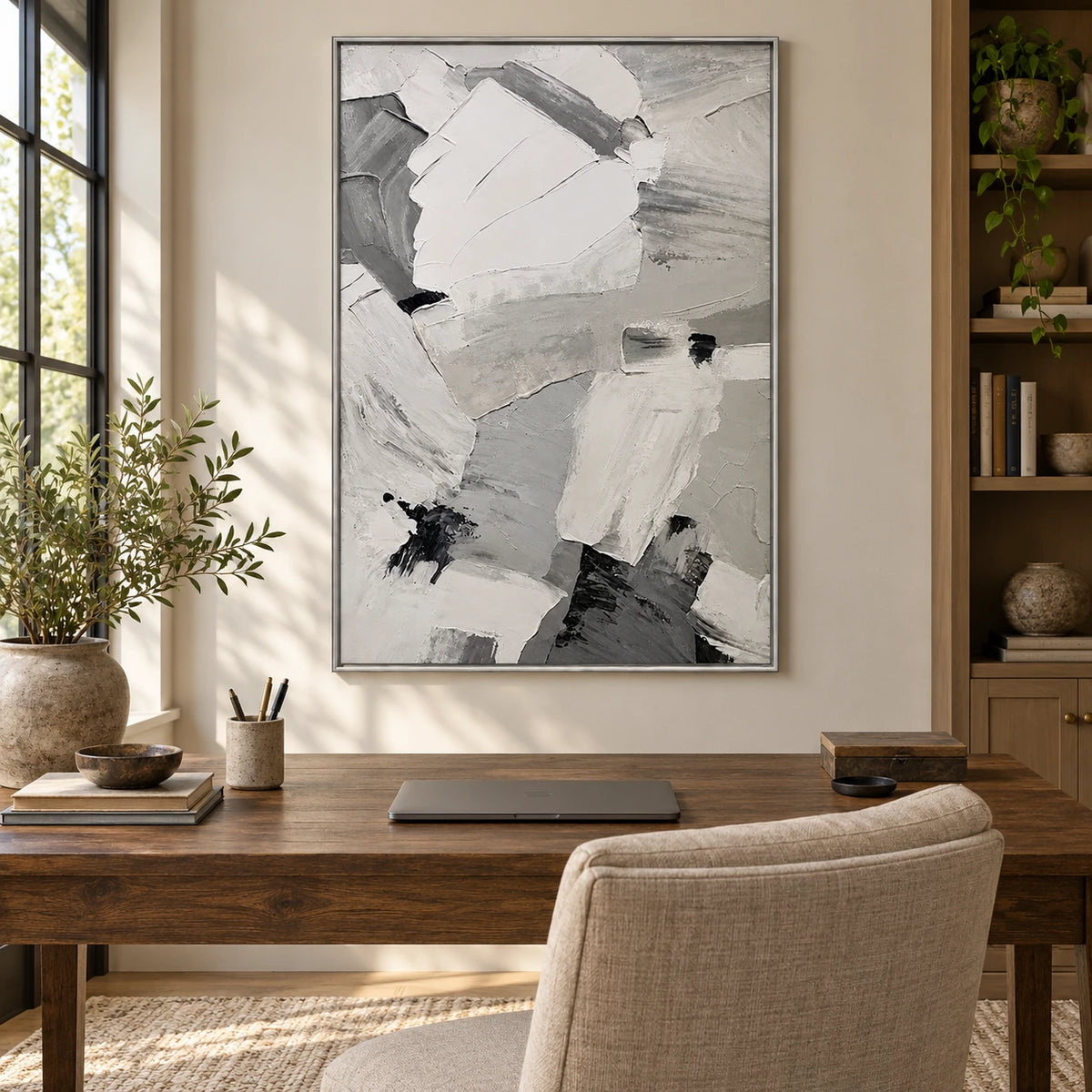 White Grey and Black Abstract Oil Painting | Broad Broken Brushstrokes Vertical Neutral Textured Wall Art OA 1799