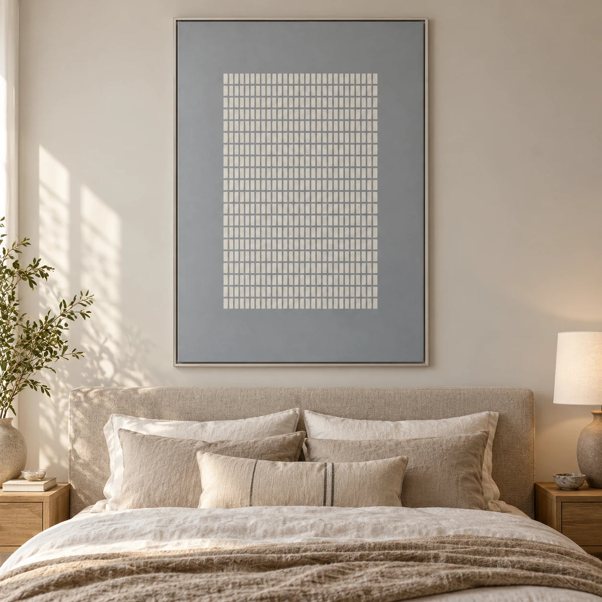 White Grid on Grey Oil Painting | Repeated Raised Rectangles Vertical Minimalist Geometric Canvas Wall Art #OA 1832