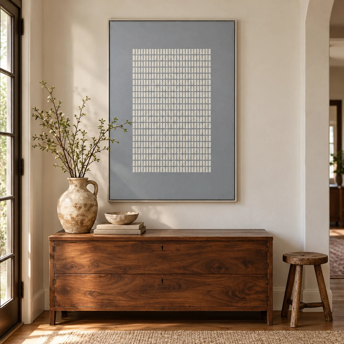 White Grid on Grey Oil Painting | Repeated Raised Rectangles Vertical Minimalist Geometric Canvas Wall Art #OA 1832