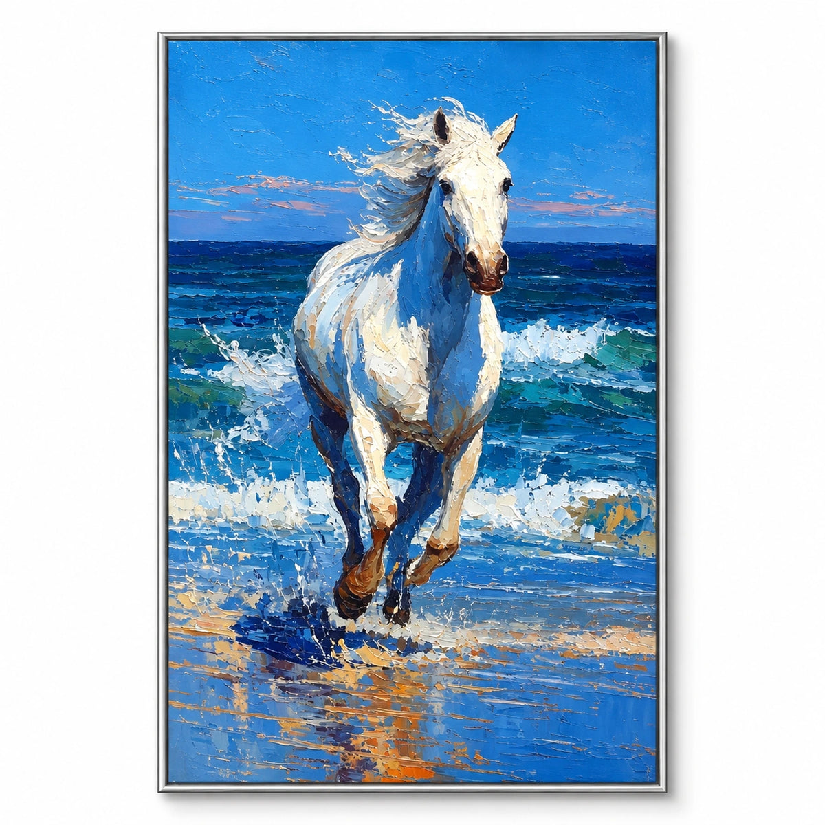 White Horse Running Through Ocean Surf Oil Painting | Blue Seaside Equestrian Textured Vertical Wall Art OA 1676