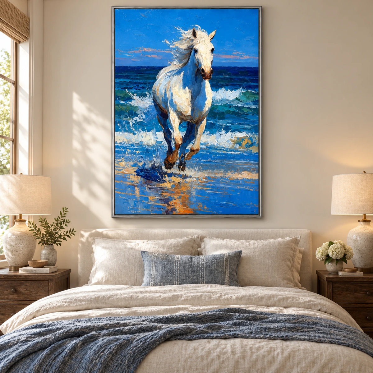 White Horse Running Through Ocean Surf Oil Painting | Blue Seaside Equestrian Textured Vertical Wall Art OA 1676