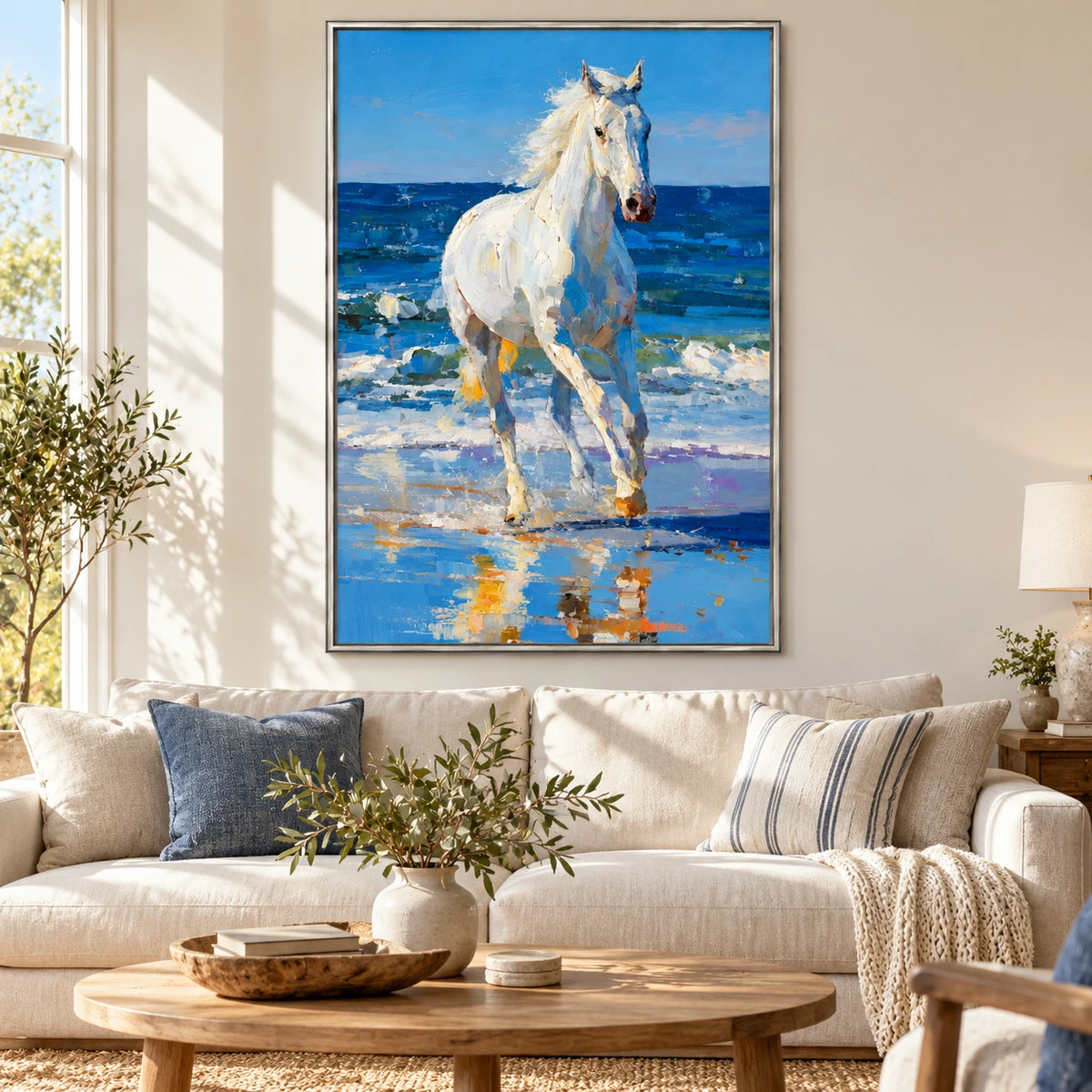 White Horse on Blue Ocean Beach Oil Painting | Textured Coastal Equestrian Vertical Wall Art #OA 1643