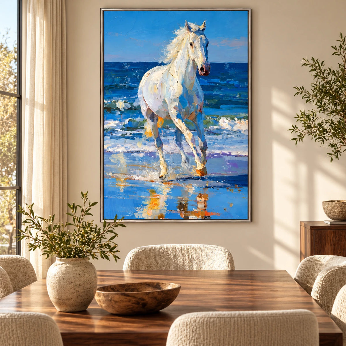 White Horse on Blue Ocean Beach Oil Painting | Textured Coastal Equestrian Vertical Wall Art #OA 1643