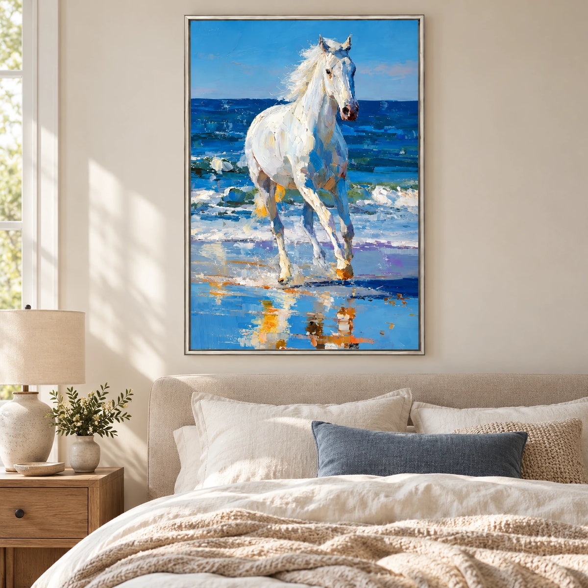 White Horse on Blue Ocean Beach Oil Painting | Textured Coastal Equestrian Vertical Wall Art #OA 1643