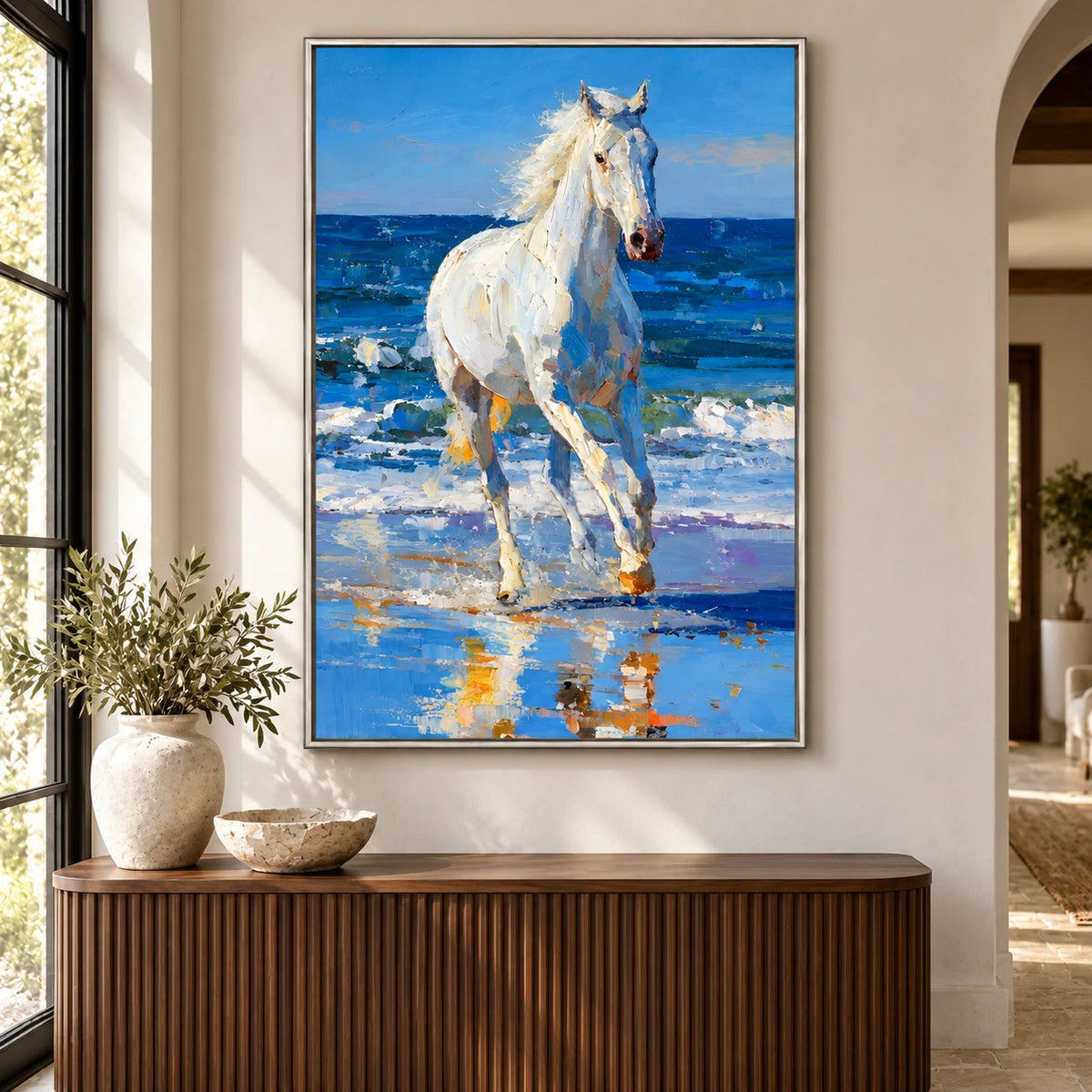 White Horse on Blue Ocean Beach Oil Painting | Textured Coastal Equestrian Vertical Wall Art #OA 1643