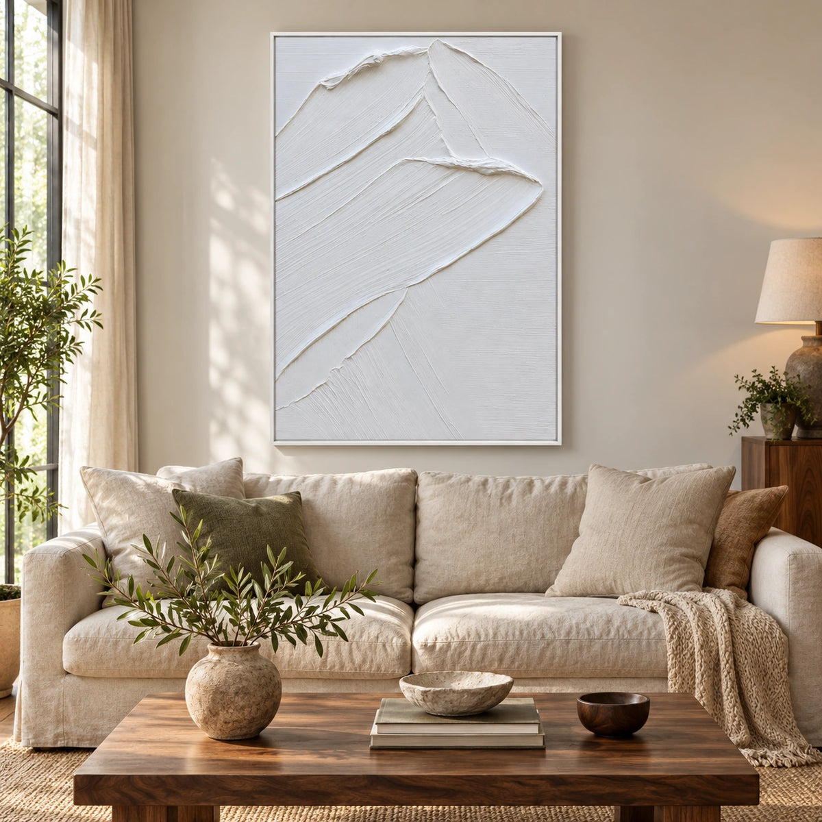 White Minimalist Relief Oil Painting | Layered Curved Edges and Fine Diagonal Grooves Vertical Textured Wall Art OA 1795