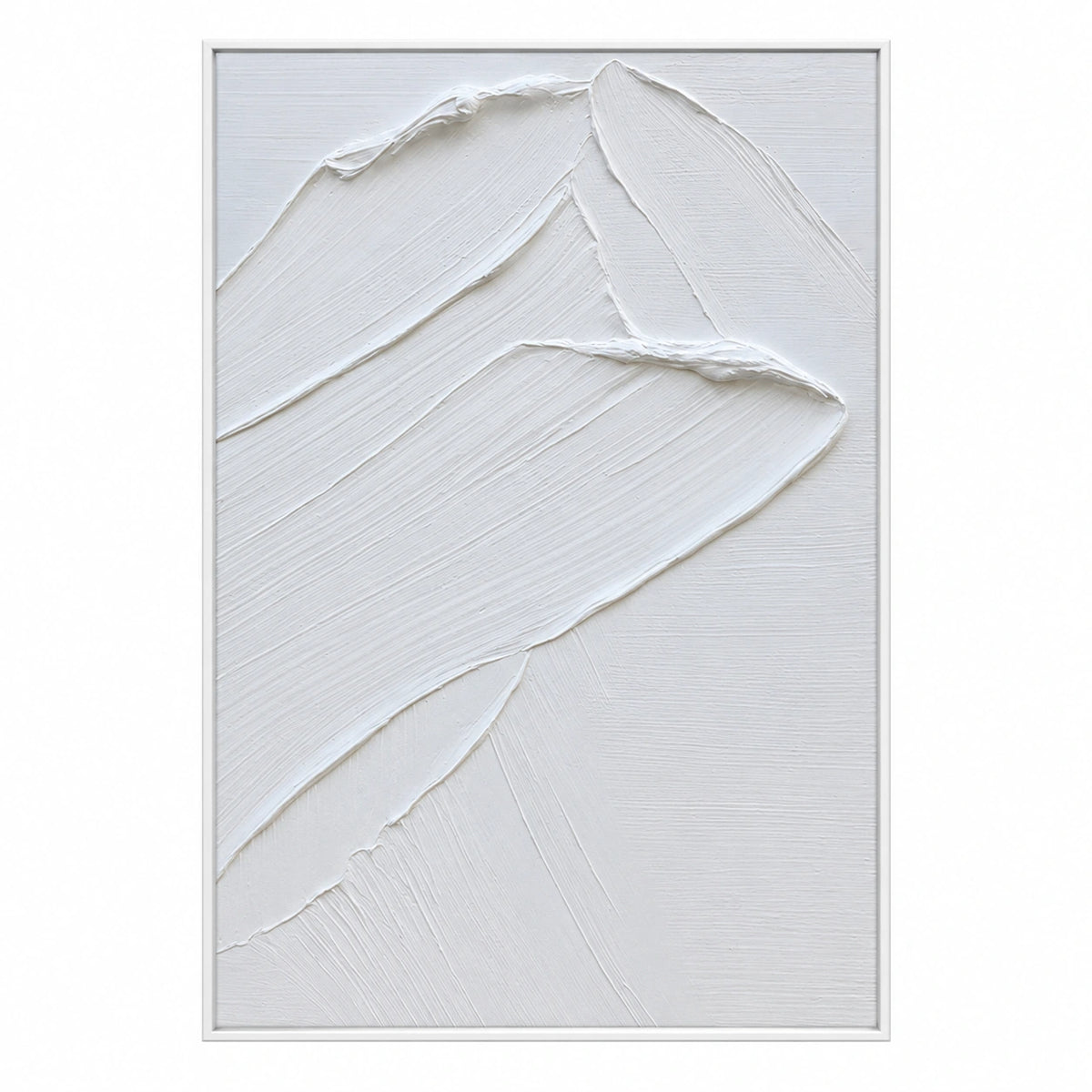 White Minimalist Relief Oil Painting | Layered Curved Edges and Fine Diagonal Grooves Vertical Textured Wall Art OA 1795