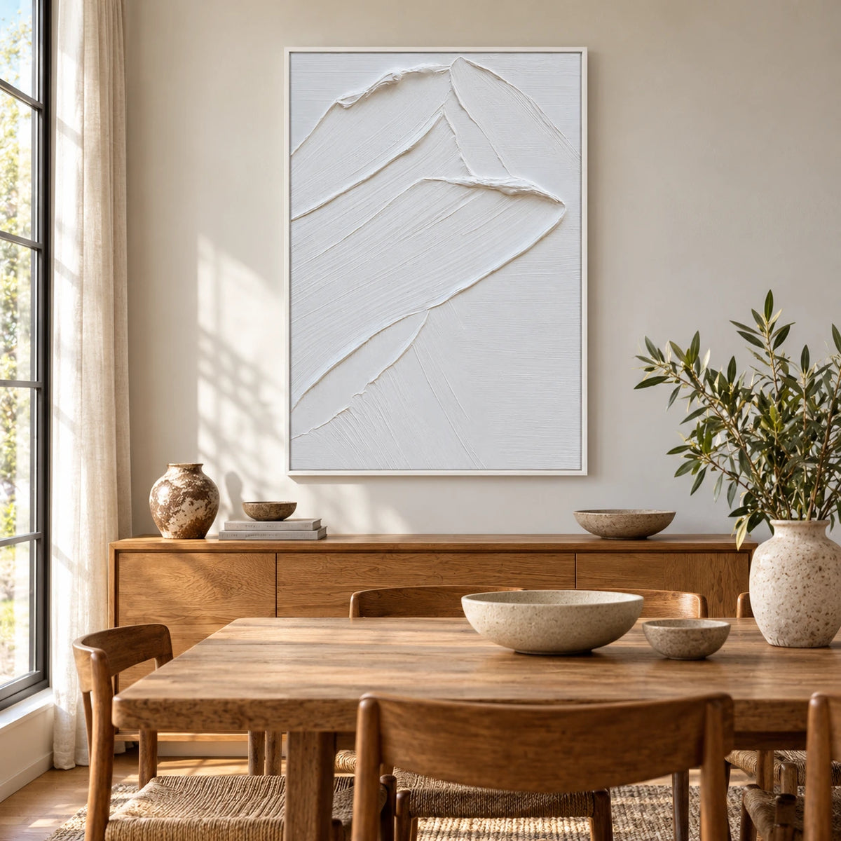White Minimalist Relief Oil Painting | Layered Curved Edges and Fine Diagonal Grooves Vertical Textured Wall Art OA 1795