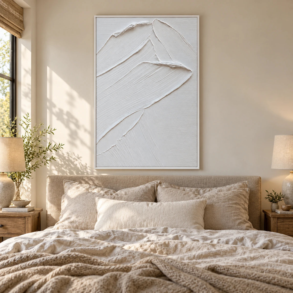 White Minimalist Relief Oil Painting | Layered Curved Edges and Fine Diagonal Grooves Vertical Textured Wall Art OA 1795