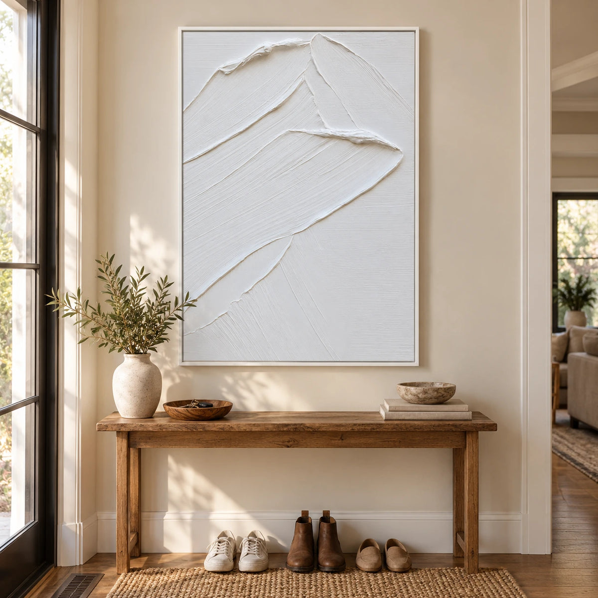White Minimalist Relief Oil Painting | Layered Curved Edges and Fine Diagonal Grooves Vertical Textured Wall Art OA 1795