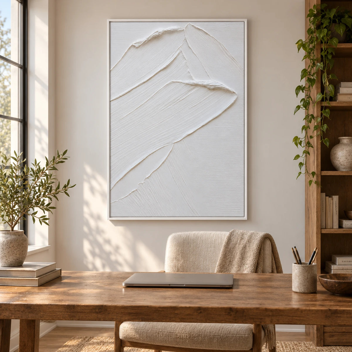 White Minimalist Relief Oil Painting | Layered Curved Edges and Fine Diagonal Grooves Vertical Textured Wall Art OA 1795
