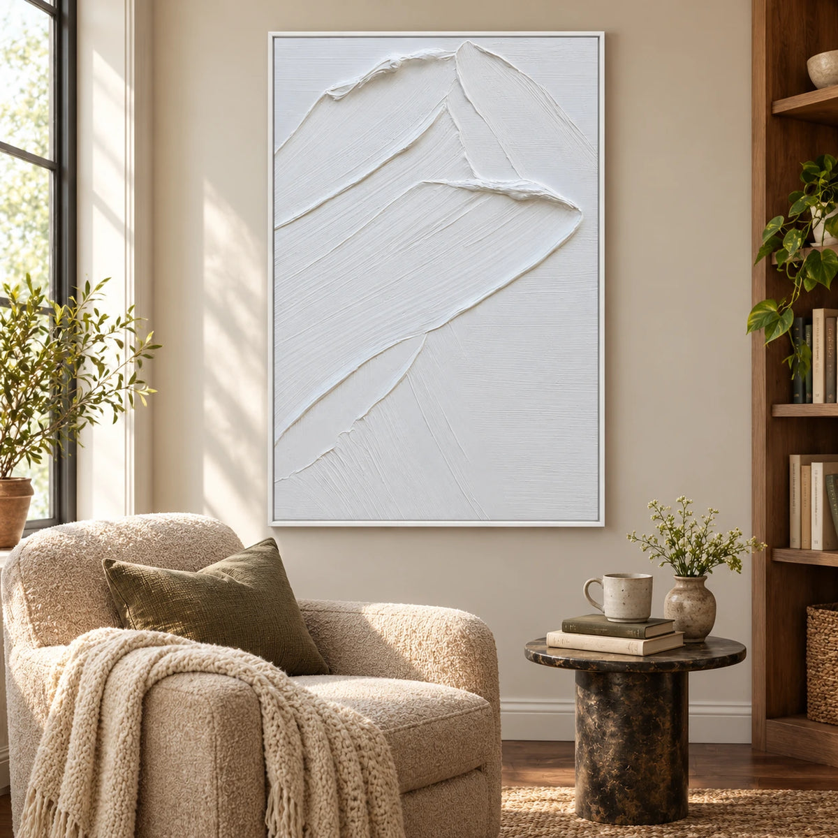 White Minimalist Relief Oil Painting | Layered Curved Edges and Fine Diagonal Grooves Vertical Textured Wall Art OA 1795