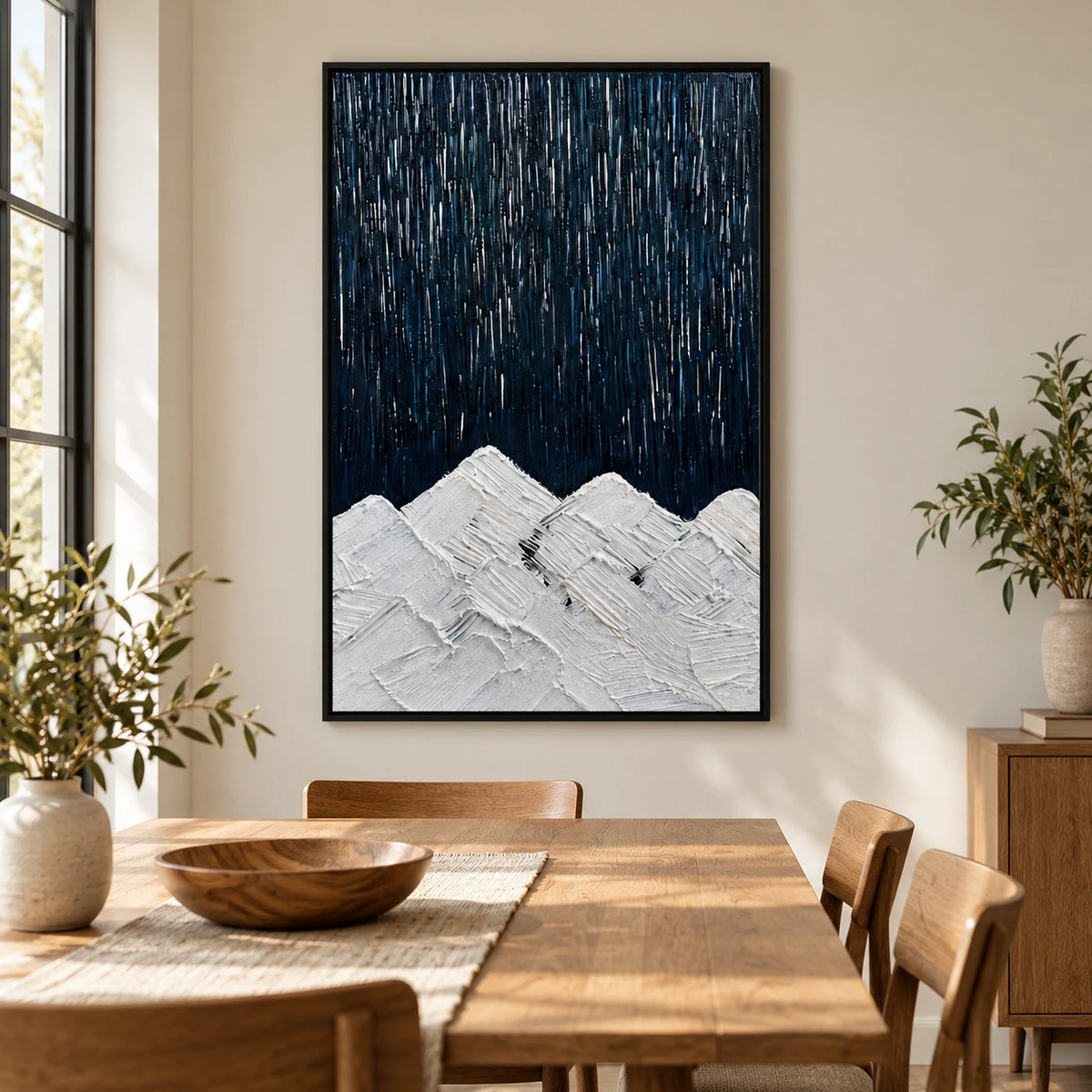 White Mountain Peaks beneath Dark Sky Oil Painting | Navy Blue Vertical Streaks Minimalist Impasto Landscape Wall Art #OA 1728