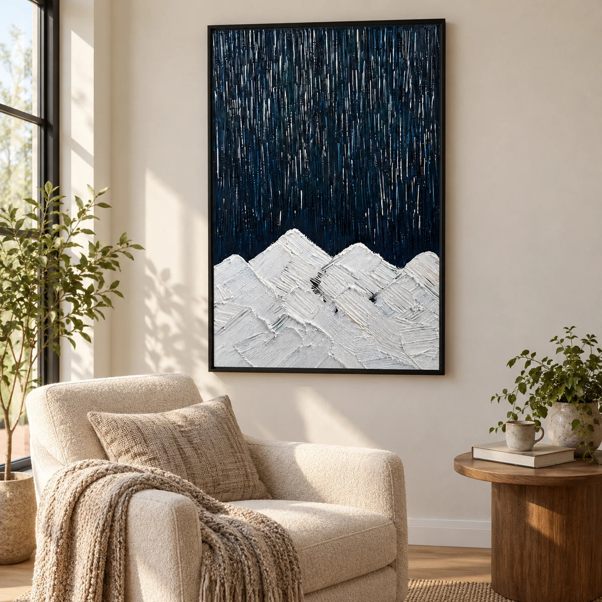 White Mountain Peaks beneath Dark Sky Oil Painting | Navy Blue Vertical Streaks Minimalist Impasto Landscape Wall Art #OA 1728