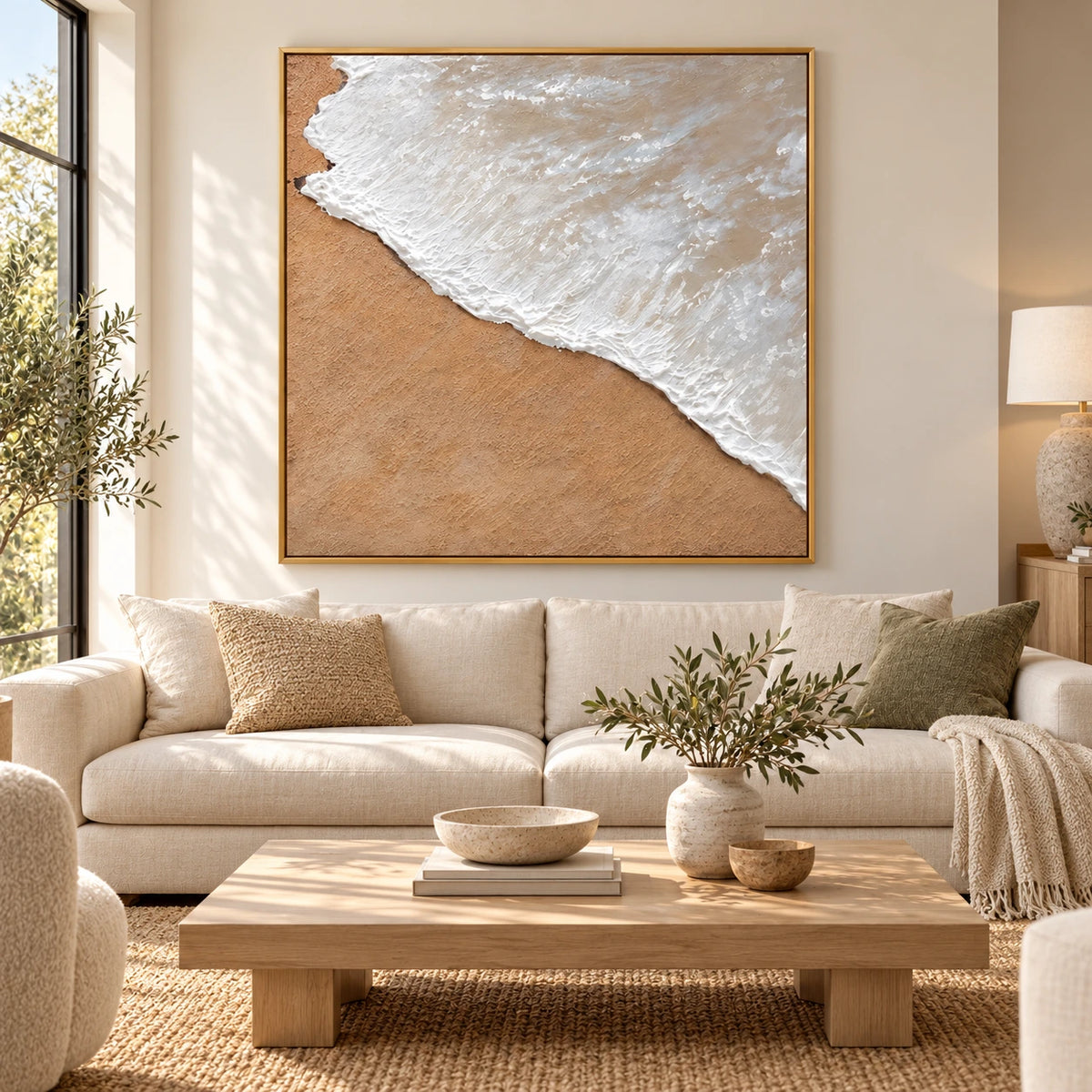 White Ocean Foam on Sand Oil Painting | Neutral Coastal Textured Beach Wall Art #OA 1615