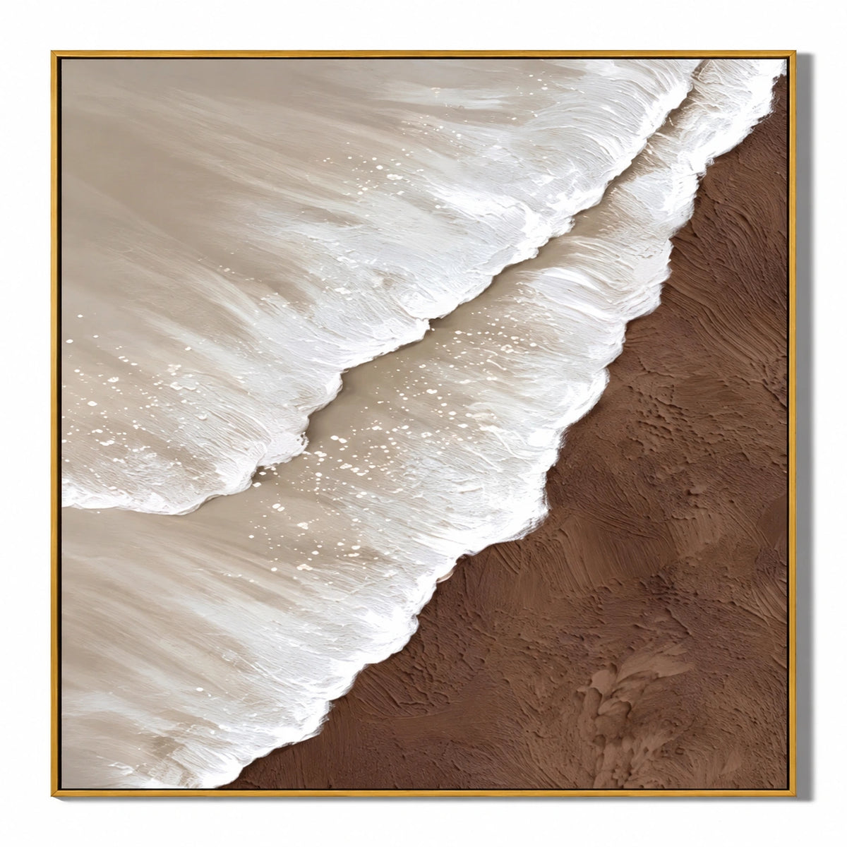 White Ocean Waves on Brown Sand Oil Painting | Neutral Coastal Textured Beach Wall Art #OA 1619