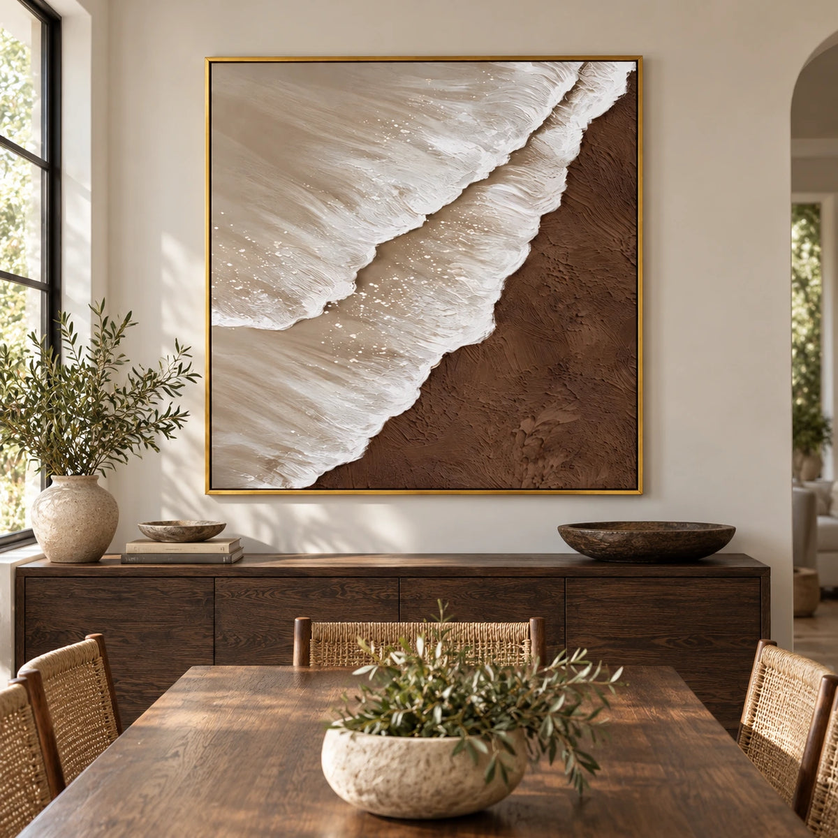 White Ocean Waves on Brown Sand Oil Painting | Neutral Coastal Textured Beach Wall Art #OA 1619
