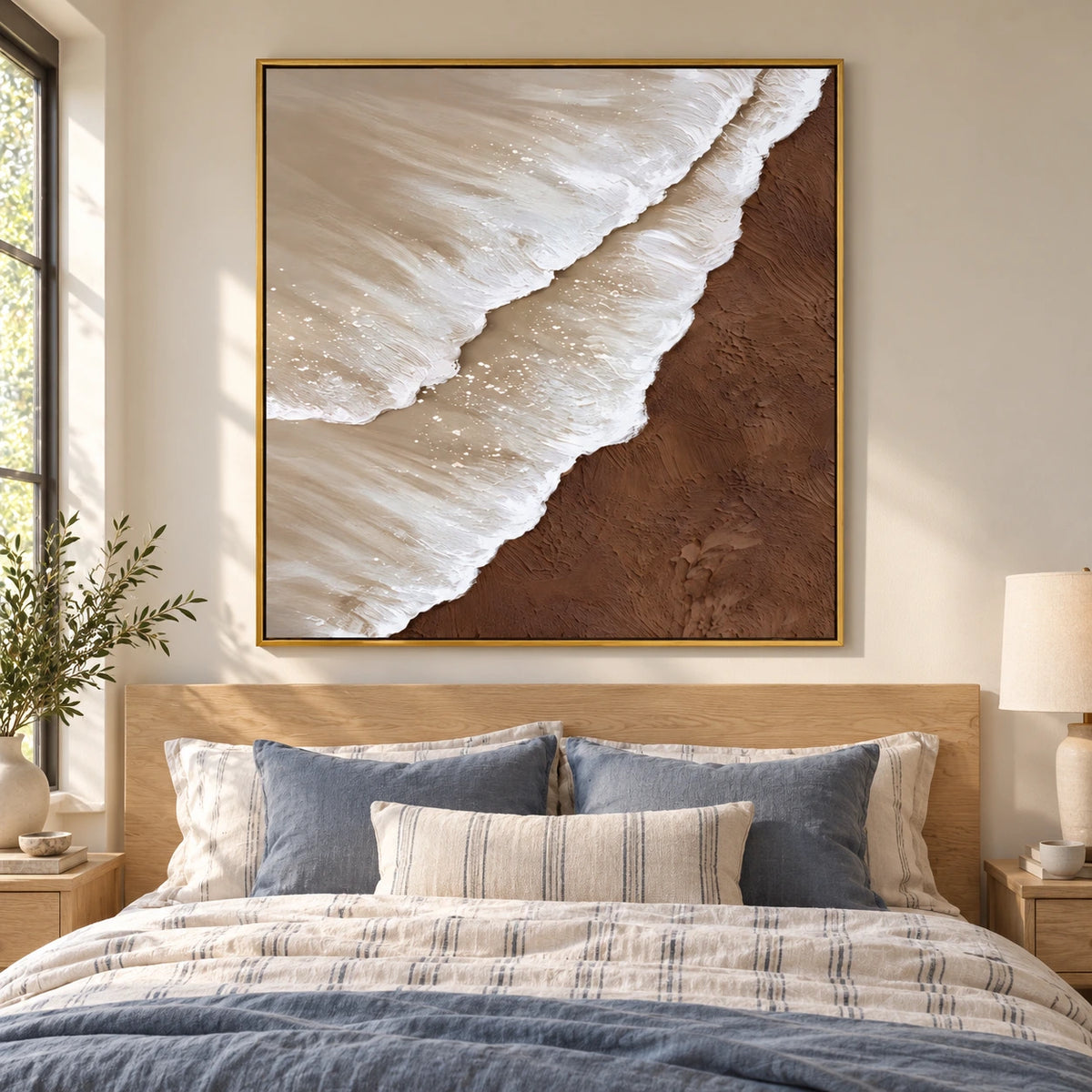 White Ocean Waves on Brown Sand Oil Painting | Neutral Coastal Textured Beach Wall Art #OA 1619