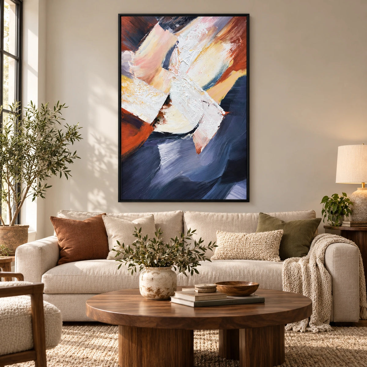 White Pink Ochre and Navy Abstract Oil Painting | Bold Diagonal Brushstrokes Textured Vertical Wall Art OA 1783