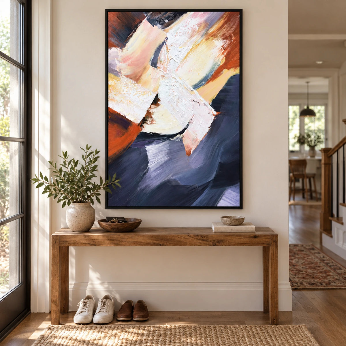 White Pink Ochre and Navy Abstract Oil Painting | Bold Diagonal Brushstrokes Textured Vertical Wall Art OA 1783
