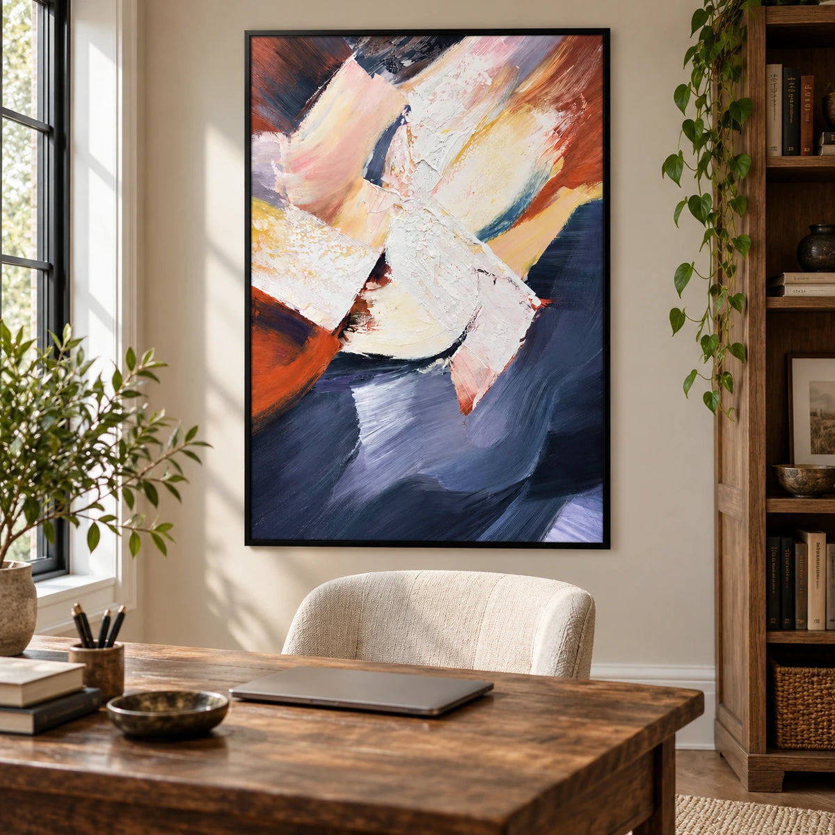 White Pink Ochre and Navy Abstract Oil Painting | Bold Diagonal Brushstrokes Textured Vertical Wall Art OA 1783