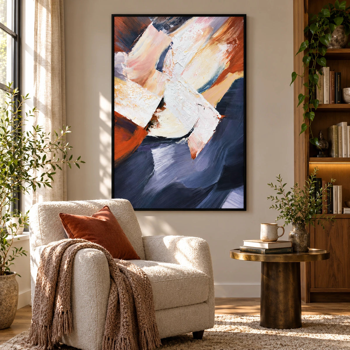 White Pink Ochre and Navy Abstract Oil Painting | Bold Diagonal Brushstrokes Textured Vertical Wall Art OA 1783