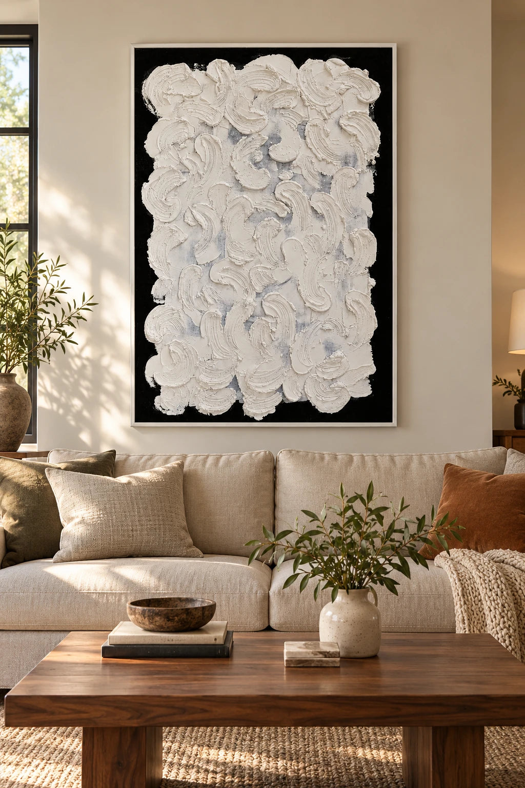 White Sculptural Brushstrokes on Black Oil Painting | Raised Curved Marks Vertical Monochrome Abstract Wall Art #OA 1798