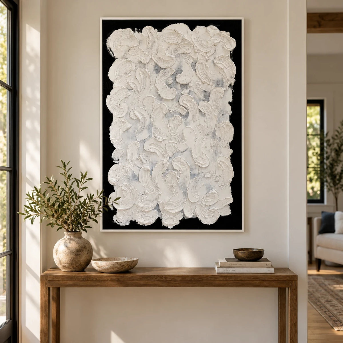 White Sculptural Brushstrokes on Black Oil Painting | Raised Curved Marks Vertical Monochrome Abstract Wall Art #OA 1798