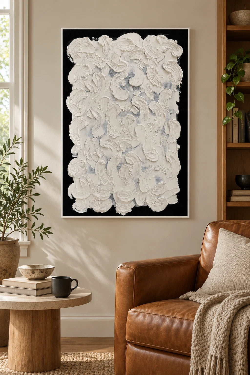 White Sculptural Brushstrokes on Black Oil Painting | Raised Curved Marks Vertical Monochrome Abstract Wall Art #OA 1798