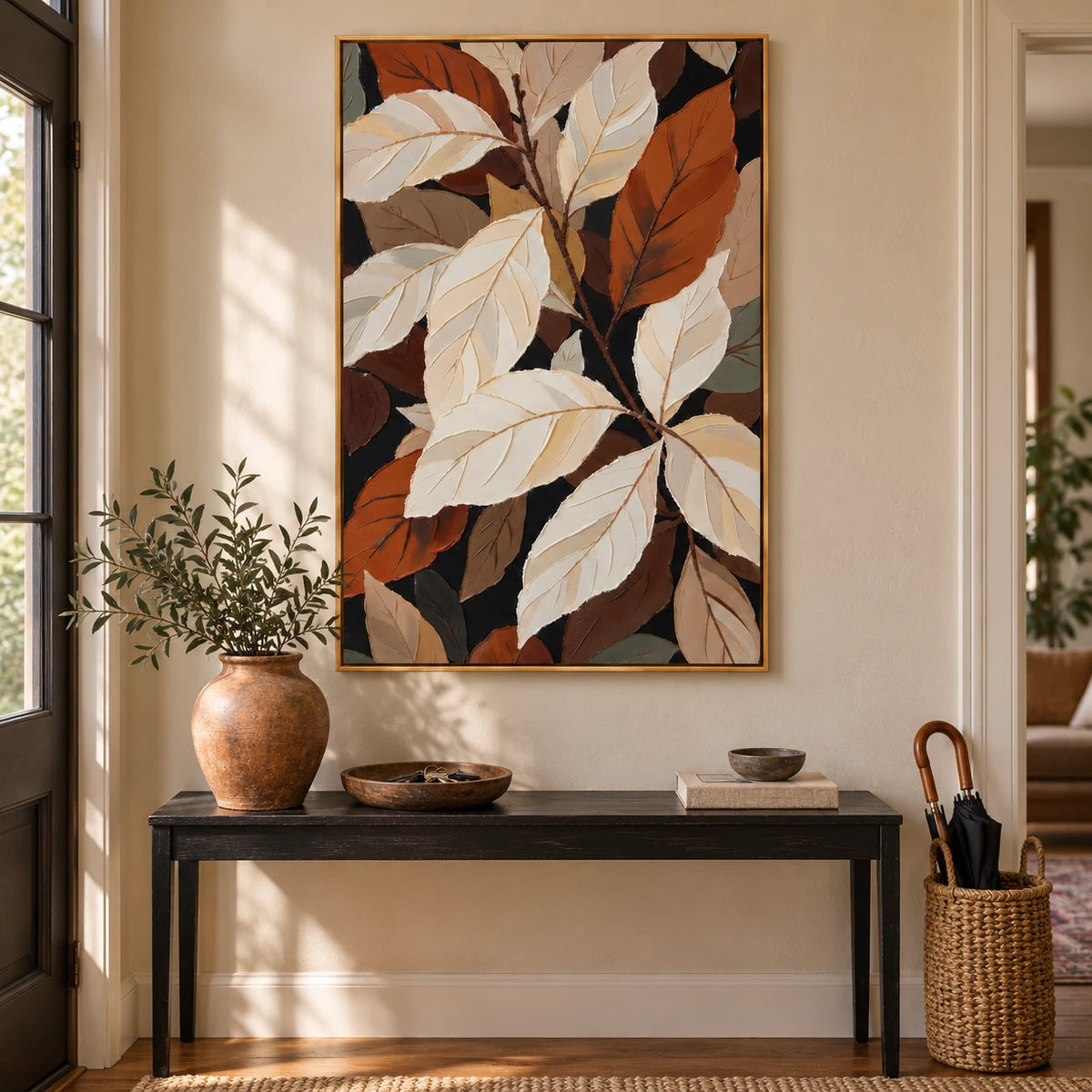 White and Rust Botanical Leaves Oil Painting | Cream Terracotta and Brown Layered Vertical Modern Wall Art #OA 1817