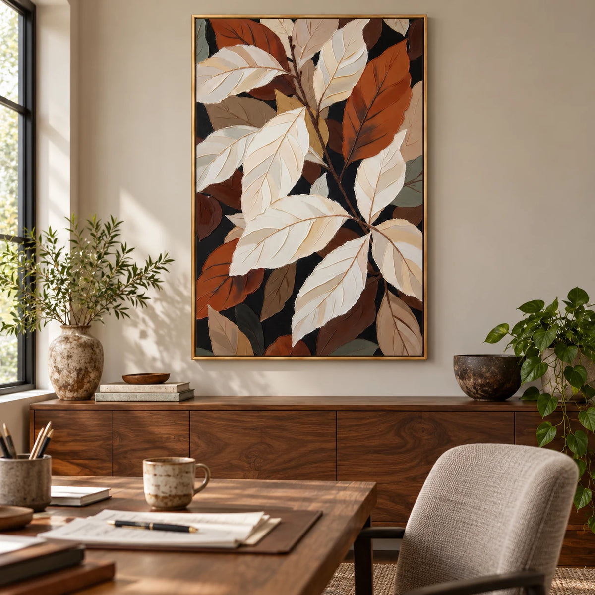 White and Rust Botanical Leaves Oil Painting | Cream Terracotta and Brown Layered Vertical Modern Wall Art #OA 1817