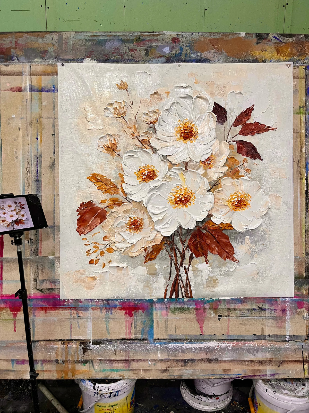 White Blossom & Golden Leaf Oil Painting | Cream Textured Floral Wall Art OA 1179