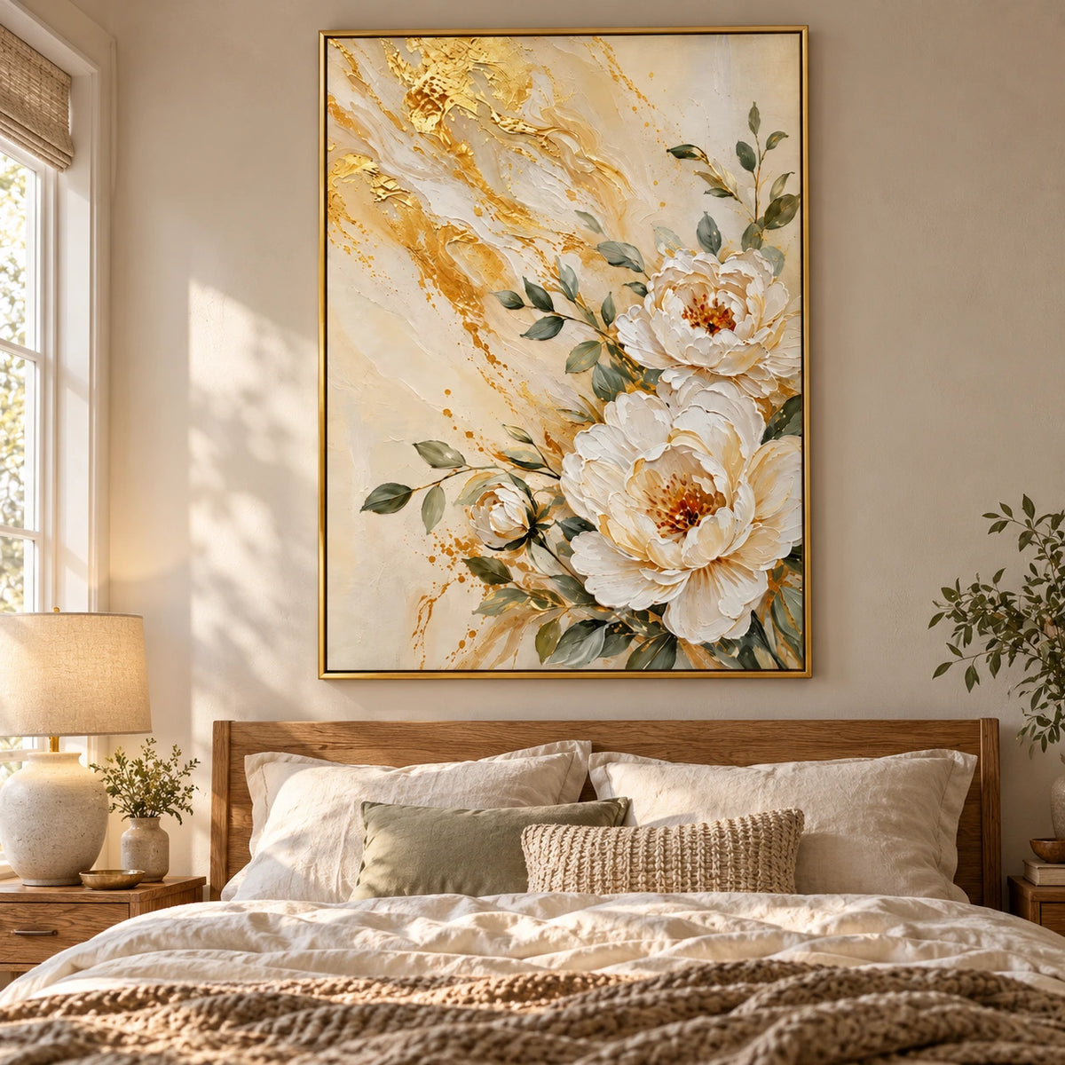 White Peony and Gold Floral Oil Painting | Cream Botanical Textured Canvas Wall Art #OA 1600