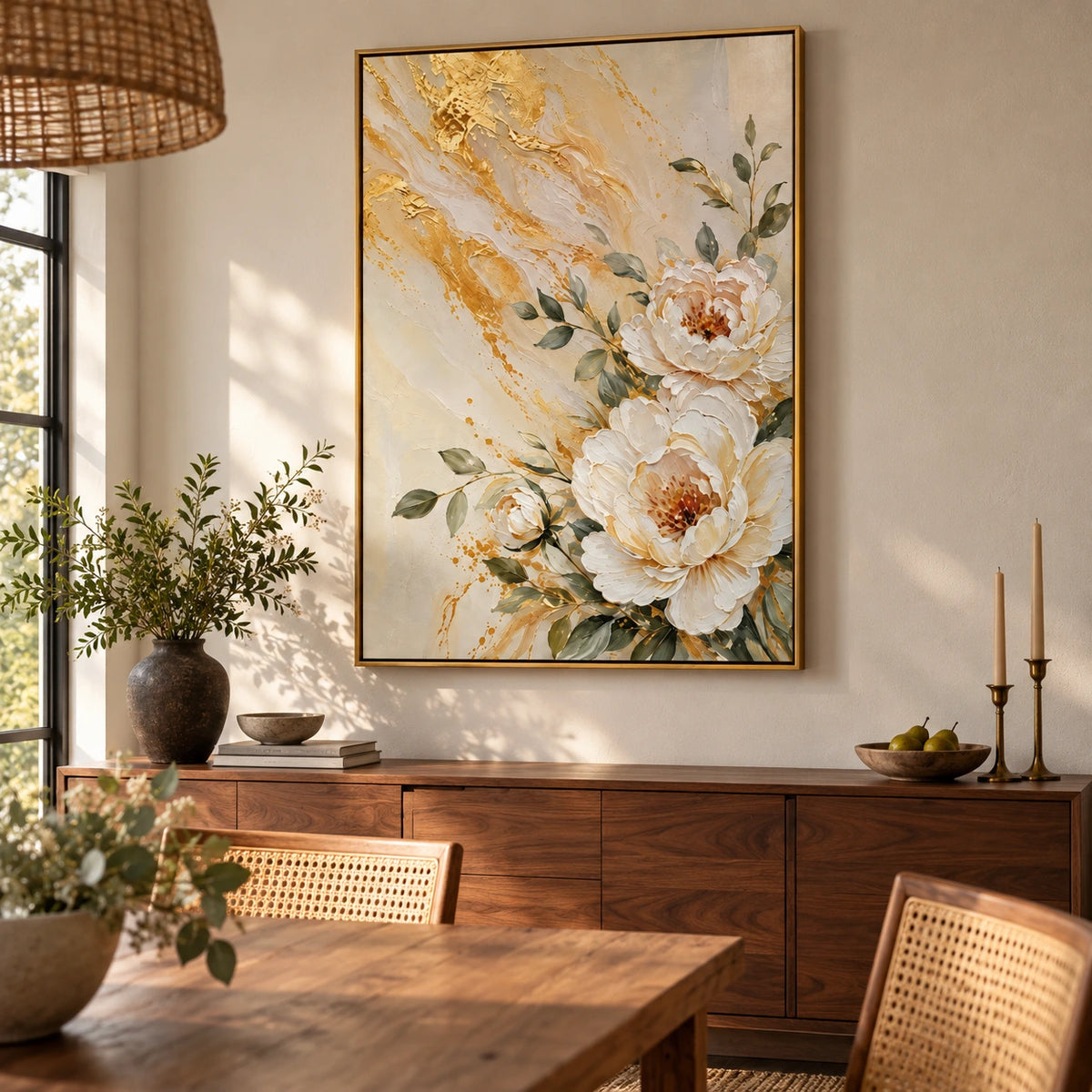 White Peony and Gold Floral Oil Painting | Cream Botanical Textured Canvas Wall Art #OA 1600