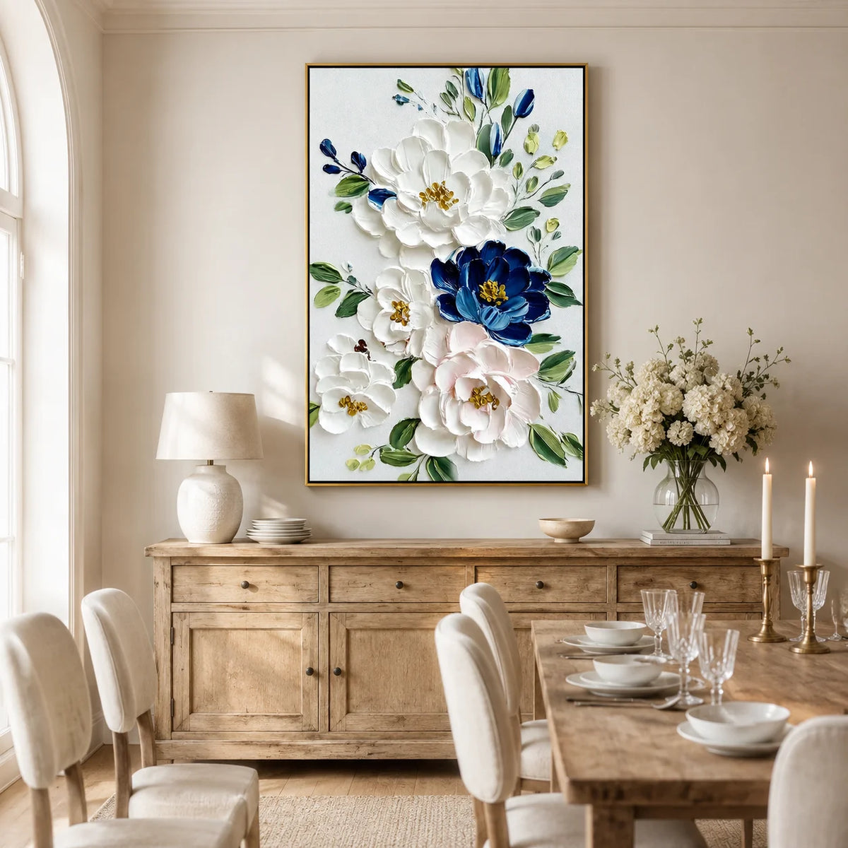 White and Blue Floral Oil Painting, Textured Flower Wall Art for Living Room Decor