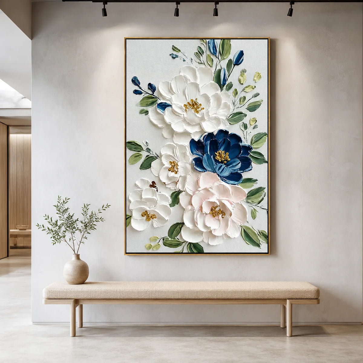 White and Blue Floral Oil Painting, Textured Flower Wall Art for Living Room Decor