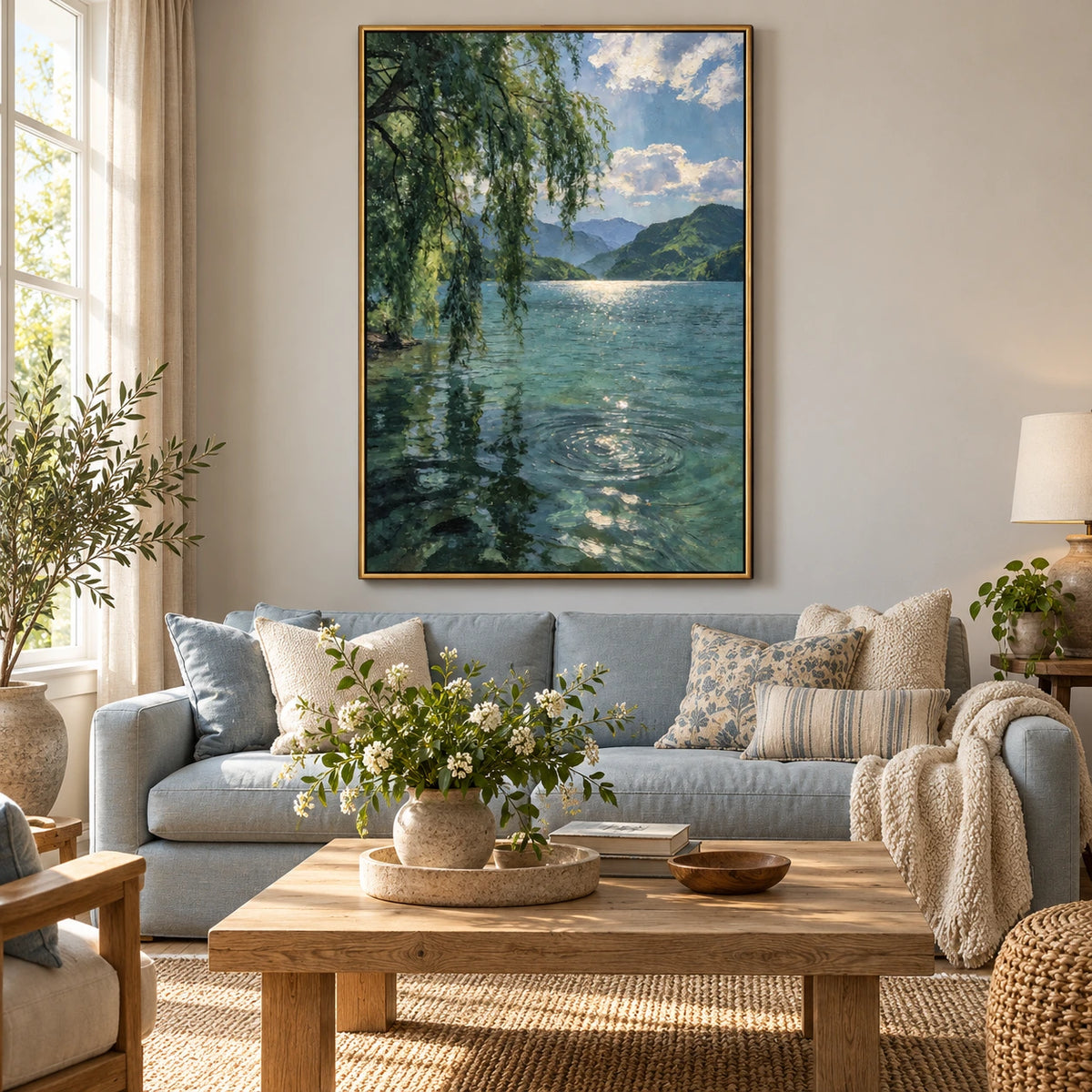 Willow Tree and Mountain Lake Oil Painting | Sunlit Water Reflections Peaceful Vertical Landscape Wall Art #OA 1680