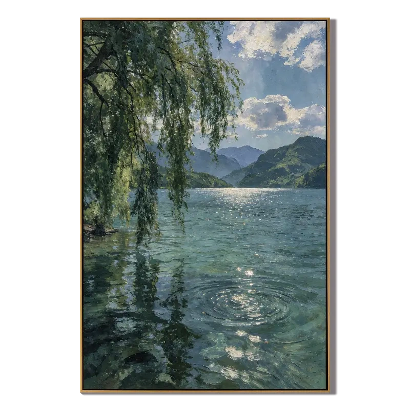 Willow Tree and Mountain Lake Oil Painting | Sunlit Water Reflections Peaceful Vertical Landscape Wall Art #OA 1680