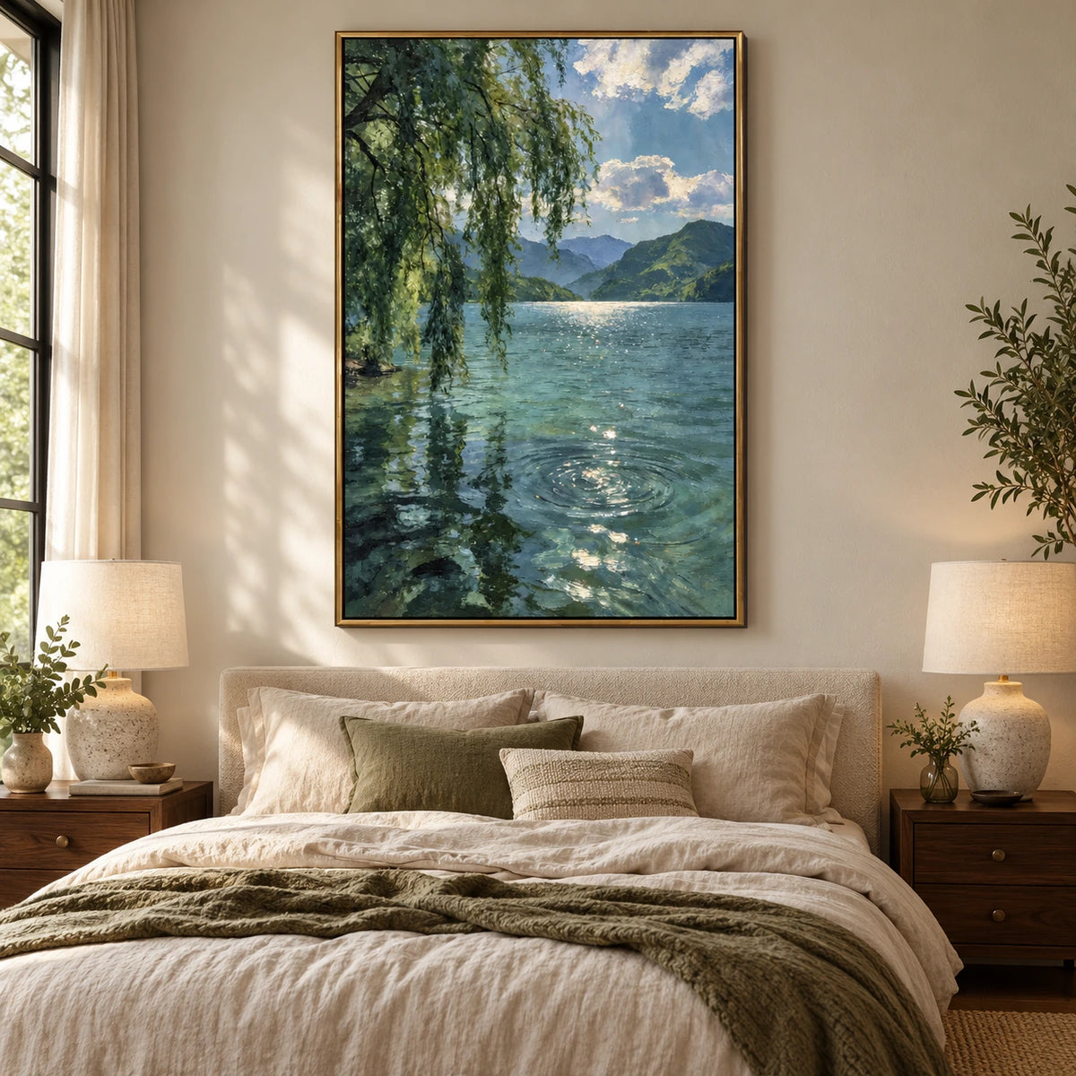 Willow Tree and Mountain Lake Oil Painting | Sunlit Water Reflections Peaceful Vertical Landscape Wall Art #OA 1680