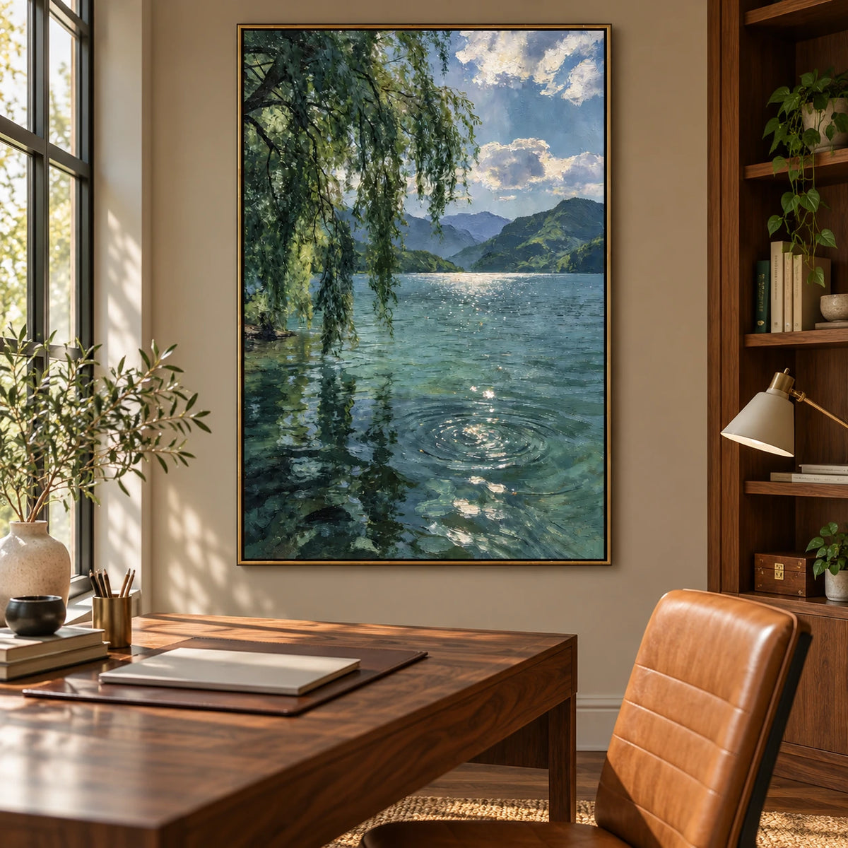 Willow Tree and Mountain Lake Oil Painting | Sunlit Water Reflections Peaceful Vertical Landscape Wall Art #OA 1680